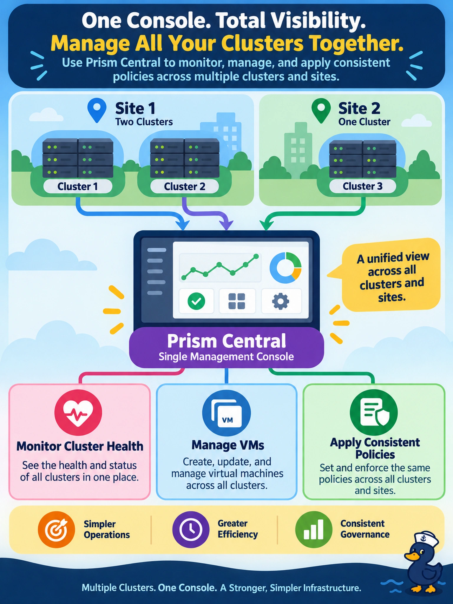 To Create an exciting colorful infographic that explains the concepts in the question: Question: Your organization operates three separate Nutanix clusters across two geographic sites. You need a single management console to monitor cluster health, manage VMs, and apply consistent policies across all three. Which Nutanix component should you deploy to achieve this unified view? Correct Answer: Prism Central Put EVERY visible label in double quotes. No people. No A/B/C/D letters. In one of the four corners put a little "Navy Duck".