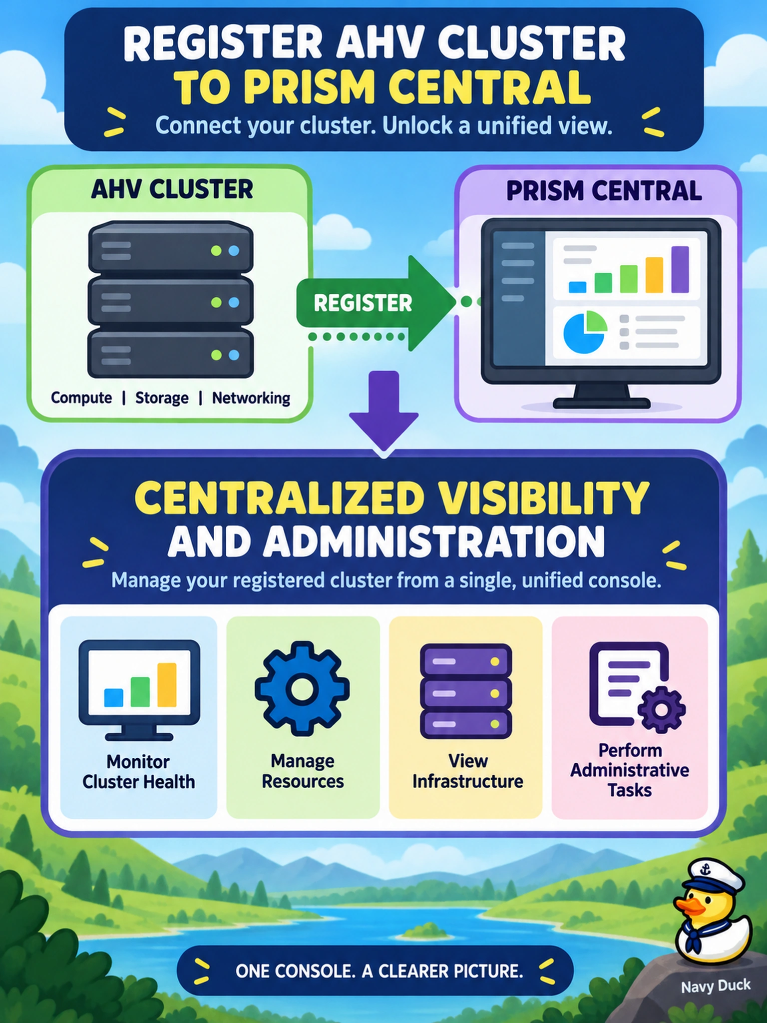To Create an exciting colorful infographic that explains the concepts in the question: Question: An administrator registers a new AHV cluster to Prism Central. What capability does this registration primarily provide? Correct Answer: Centralized visibility and administration of the registered cluster. Put EVERY visible label in double quotes. No people. No A/B/C/D letters. In one of the four corners put a little "Navy Duck".
