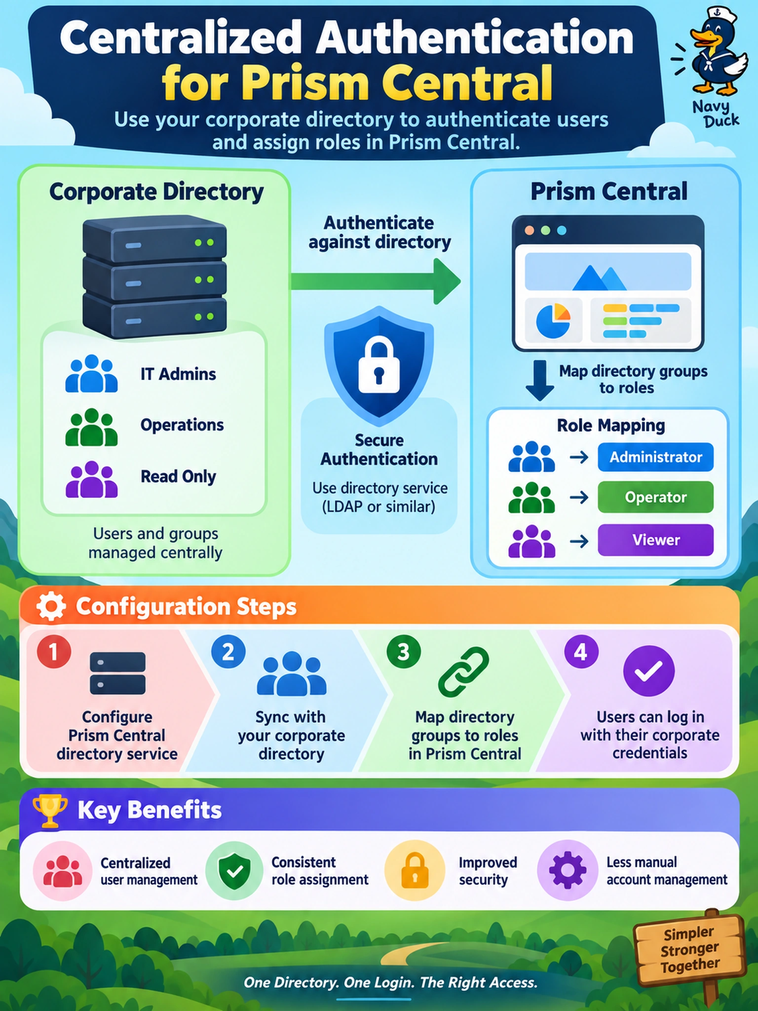 To Create an exciting colorful infographic that explains the concepts in the question: Question: An administrator must allow Prism Central users to authenticate against a corporate directory instead of creating local accounts. Which configuration provides centralized authentication and role assignment for Prism Central? Correct Answer: Configure Prism Central directory service and map directory groups to roles. Put EVERY visible label in double quotes. No people. No A/B/C/D letters. In one of the four corners put a little "Navy Duck".