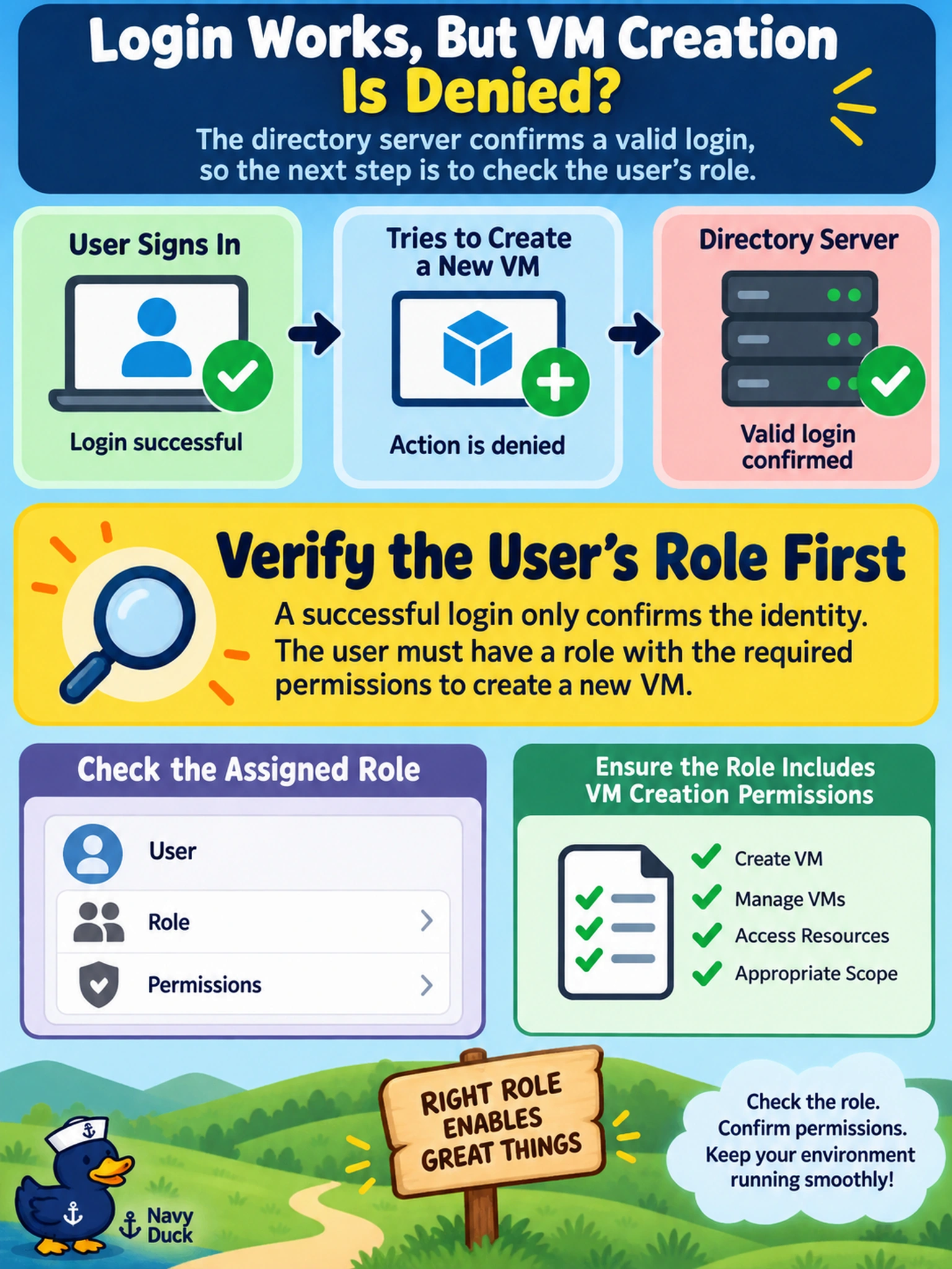 To Create an exciting colorful infographic that explains the concepts in the question: Question: A user signs in to Prism Central successfully, but when they try to create a new VM, the action is denied. The directory server reports a valid login. What should the administrator verify first? Correct Answer: Check the role assigned to the user. Put EVERY visible label in double quotes. No people. No A/B/C/D letters. In one of the four corners put a little "Navy Duck".