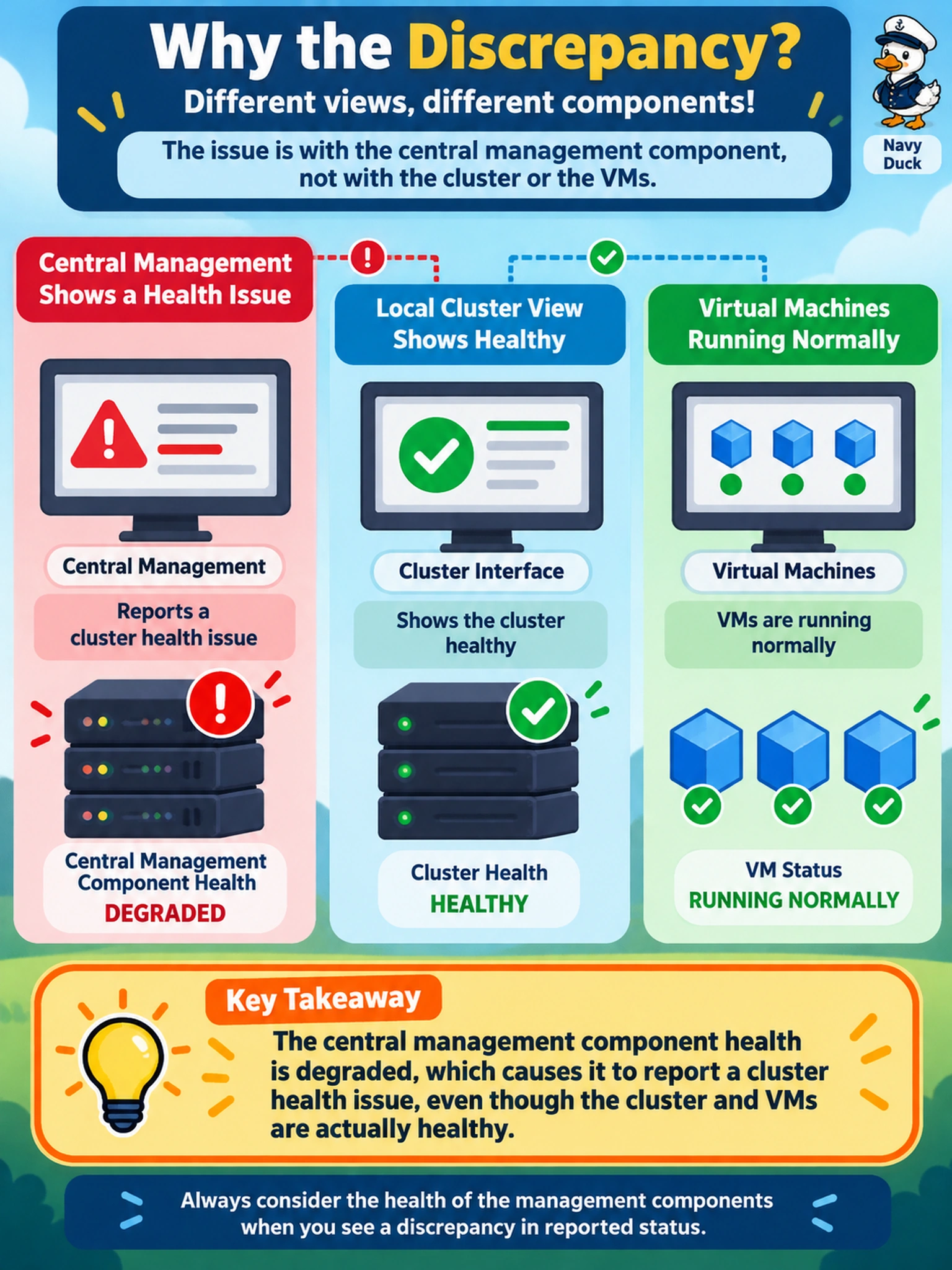 To Create an exciting colorful infographic that explains the concepts in the question: Question: Prism Central reports a health issue for a Nutanix cluster, but Prism Element shows the cluster healthy and VMs are running normally. Which condition best explains this discrepancy? Correct Answer: Prism Central component health is degraded. Put EVERY visible label in double quotes. No people. No A/B/C/D letters. In one of the four corners put a little "Navy Duck".