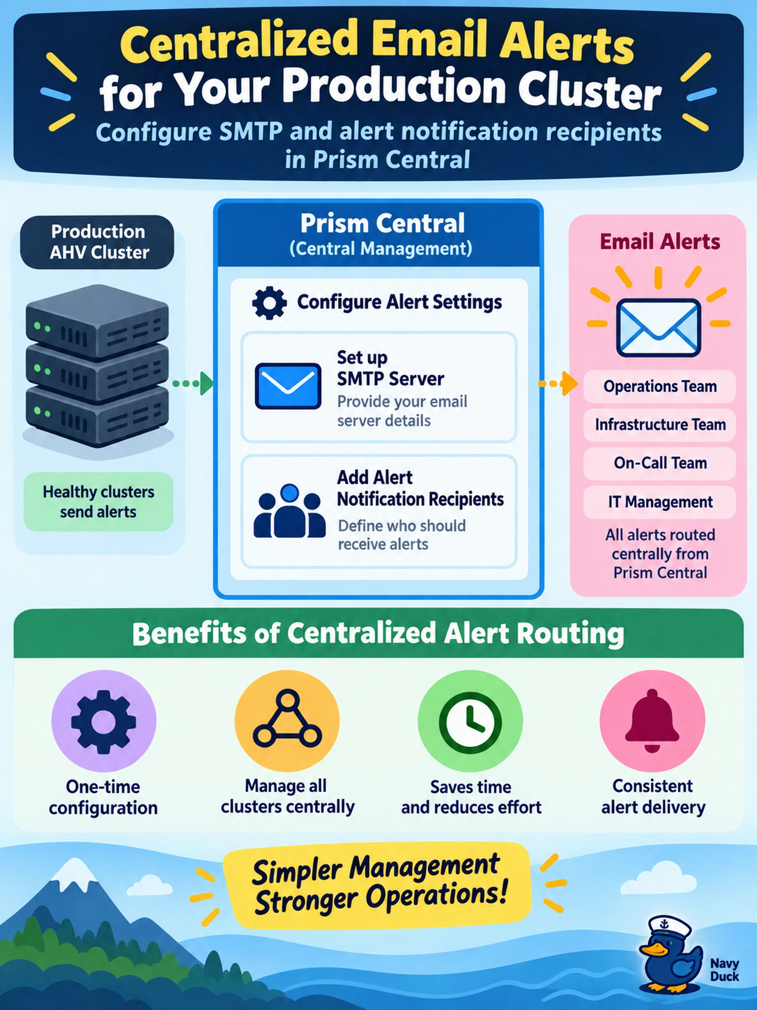 To Create an exciting colorful infographic that explains the concepts in the question: Question: An operations team needs email alerts from a production AHV cluster that is registered to Prism Central. The administrator wants centralized alert routing without configuring each cluster separately. Which action should be taken? Correct Answer: Configure SMTP and alert notification recipients in Prism Central. Put EVERY visible label in double quotes. No people. No A/B/C/D letters. In one of the four corners put a little "Navy Duck".