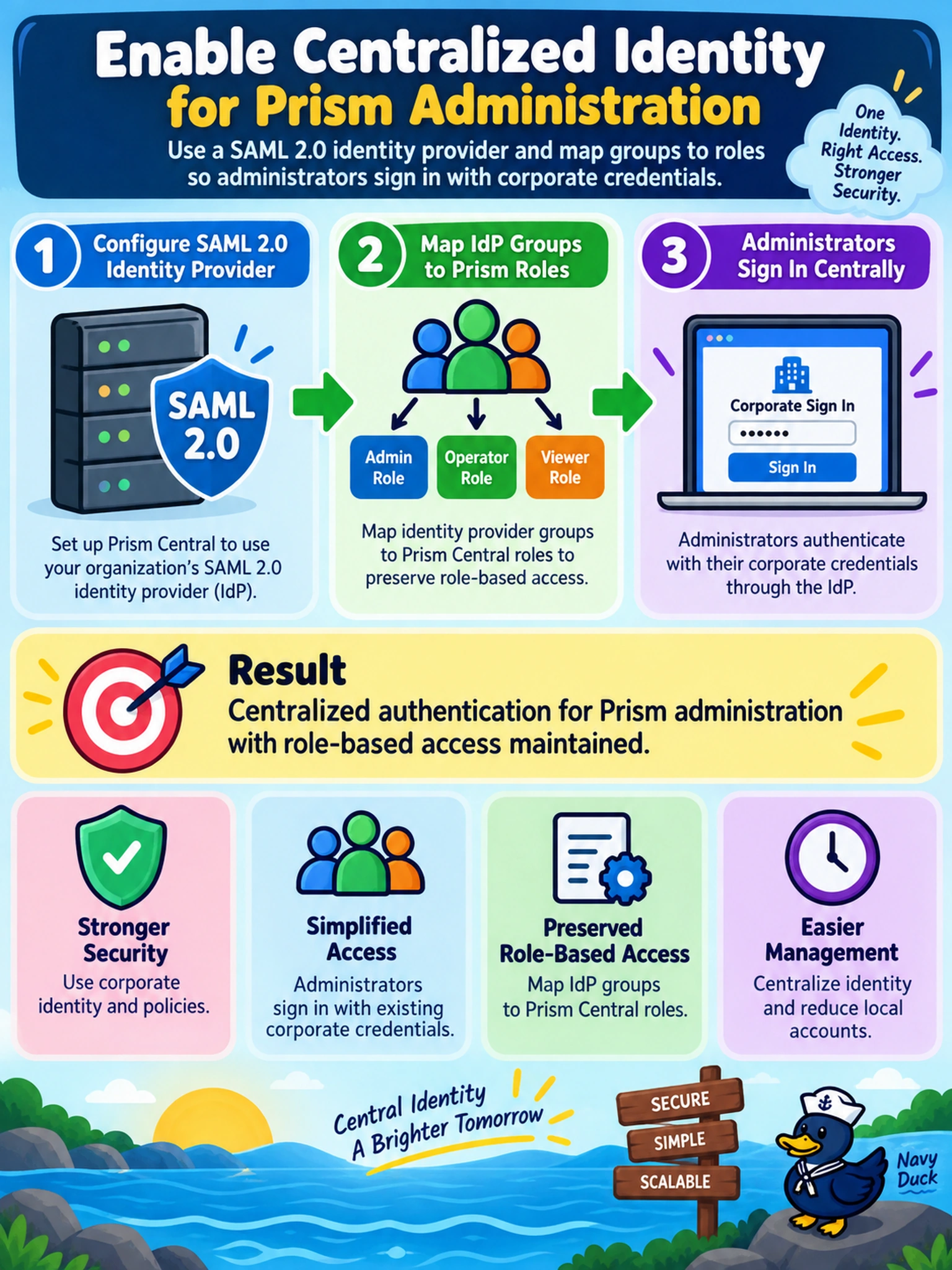 To Create an exciting colorful infographic that explains the concepts in the question: Question: Your team wants Prism Central administrators to sign in with corporate credentials instead of local accounts. You must enable centralized identity for Prism administration while preserving role-based access. What should you configure? Correct Answer: Configure Prism Central to use a SAML 2.0 identity provider, then map IdP groups to Prism Central roles so administrators authenticate centrally. Put EVERY visible label in double quotes. No people. No A/B/C/D letters. In one of the four corners put a little "Navy Duck".