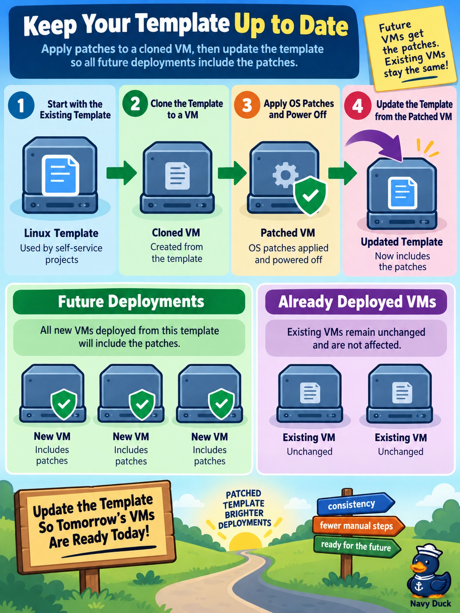 To Create an exciting colorful infographic that explains the concepts in the question: Question: An admin maintains an AHV Linux template used by self-service projects. They clone the template to a VM, apply OS patches, and power it off. The team wants all future deployments from the existing template to include the patches, while already deployed VMs remain unchanged. What should the admin do? Correct Answer: Update the template from the patched VM. Put EVERY visible label in double quotes. No people. No A/B/C/D letters. In one of the four corners put a little "Navy Duck".