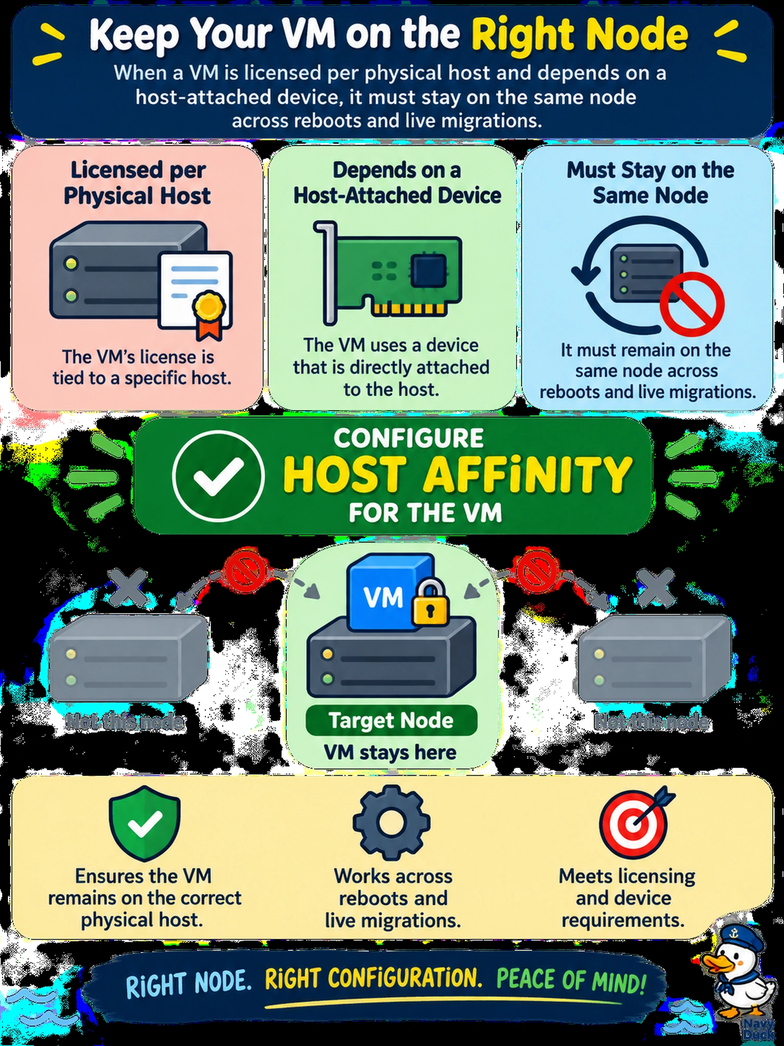 To Create an exciting colorful infographic that explains the concepts in the question: Question: Your AHV VM is licensed per physical host and depends on a host-attached device. It must stay on the same node across reboots and live migrations. Which action should you take? Correct Answer: Configure host affinity for the VM Put EVERY visible label in double quotes. No people. No A/B/C/D letters. In one of the four corners put a little "Navy Duck".