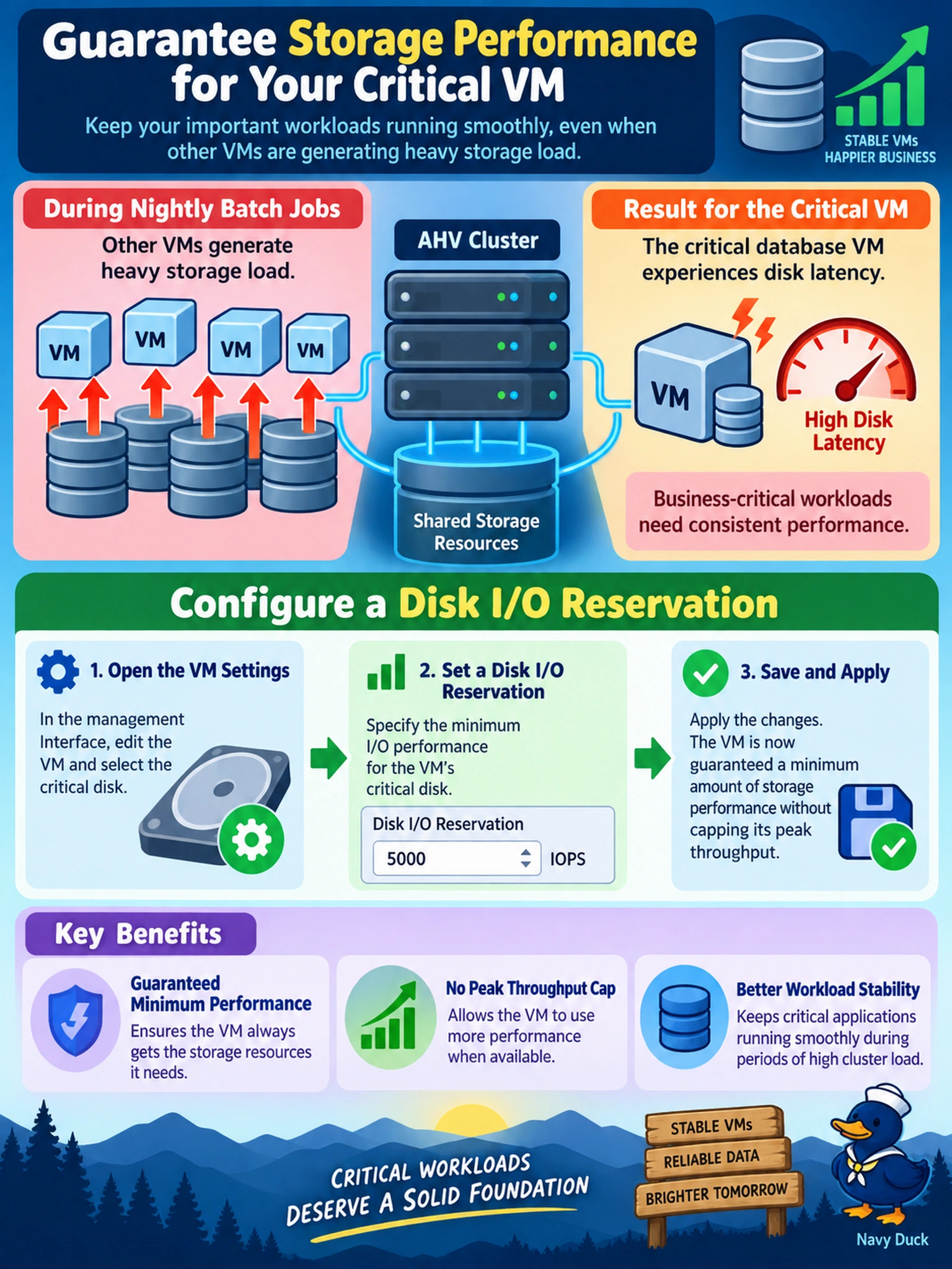 To Create an exciting colorful infographic that explains the concepts in the question: Question: A business-critical database VM on AHV starts showing disk latency during nightly batch jobs, while other VMs on the same Nutanix cluster are generating heavy storage load. You need to guarantee this VM a minimum amount of storage performance without capping its peak throughput. Which control should you configure in Prism? Correct Answer: Set a disk I/O reservation on the VM's critical disk Put EVERY visible label in double quotes. No people. No A/B/C/D letters. In one of the four corners put a little "Navy Duck".
