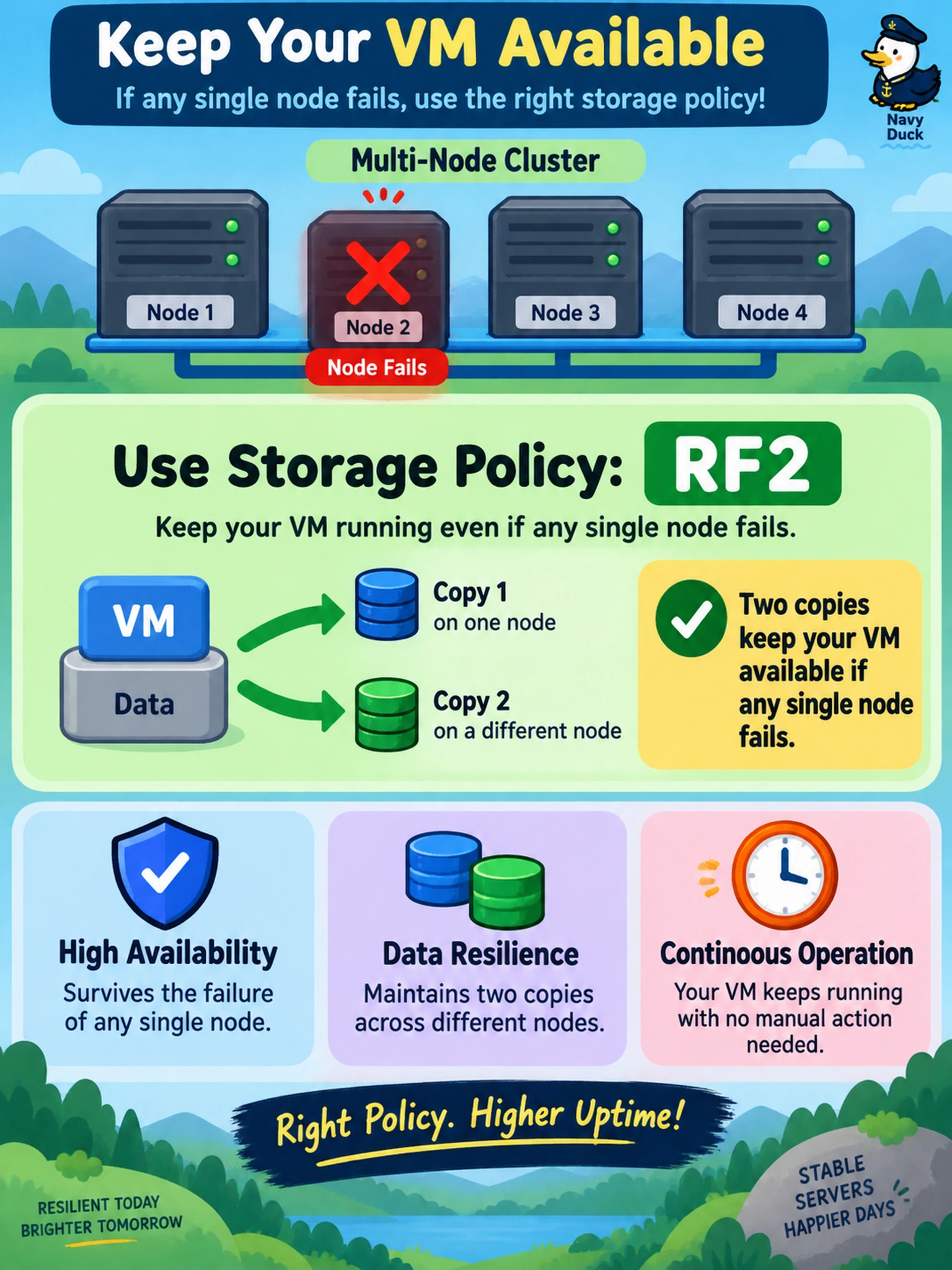 To Create an exciting colorful infographic that explains the concepts in the question: Question: You manage a production AHV VM on a multi-node Nutanix cluster. The VM must remain available if any single node fails, and you must choose a storage policy. Which storage policy should you apply? Correct Answer: RF2 Put EVERY visible label in double quotes. No people. No A/B/C/D letters. In one of the four corners put a little "Navy Duck".