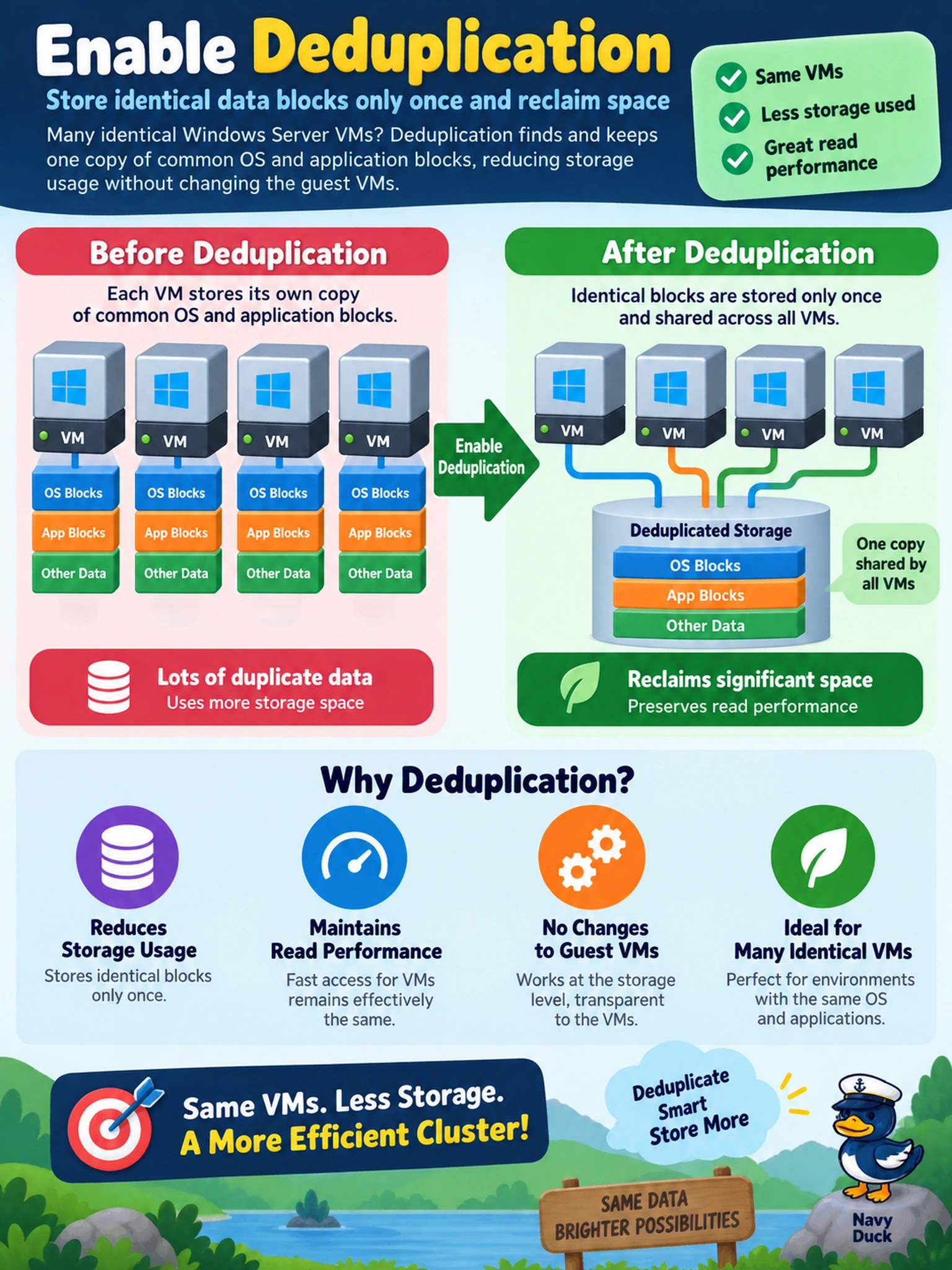 To Create an exciting colorful infographic that explains the concepts in the question: Question: An administrator manages a cluster with many identical Windows Server VMs and wants to reclaim space from common OS and application blocks without changing the guest VMs. Which storage optimization feature should be enabled? Correct Answer: Enable deduplication so identical data blocks shared across the VMs are stored only once, reducing capacity while preserving read performance. Put EVERY visible label in double quotes. No people. No A/B/C/D letters. In one of the four corners put a little "Navy Duck".