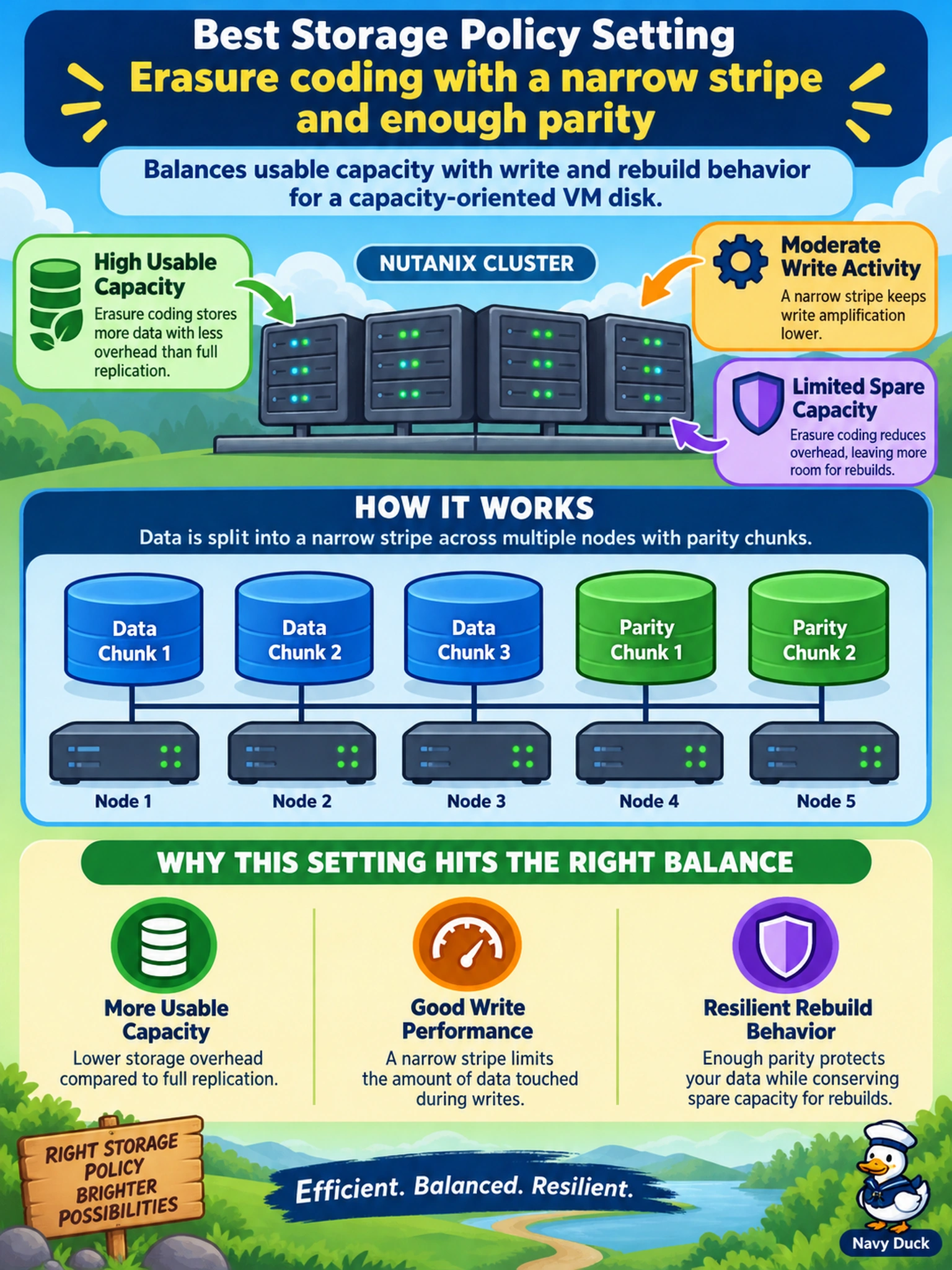 To Create an exciting colorful infographic that explains the concepts in the question: Question: A capacity-oriented VM disk must use a storage policy on a Nutanix cluster. Write activity is moderate, and the cluster has limited spare capacity for rebuilds. Which storage policy setting best balances usable capacity with write and rebuild behavior? Correct Answer: Erasure coding with a narrow stripe and enough parity. Put EVERY visible label in double quotes. No people. No A/B/C/D letters. In one of the four corners put a little "Navy Duck".