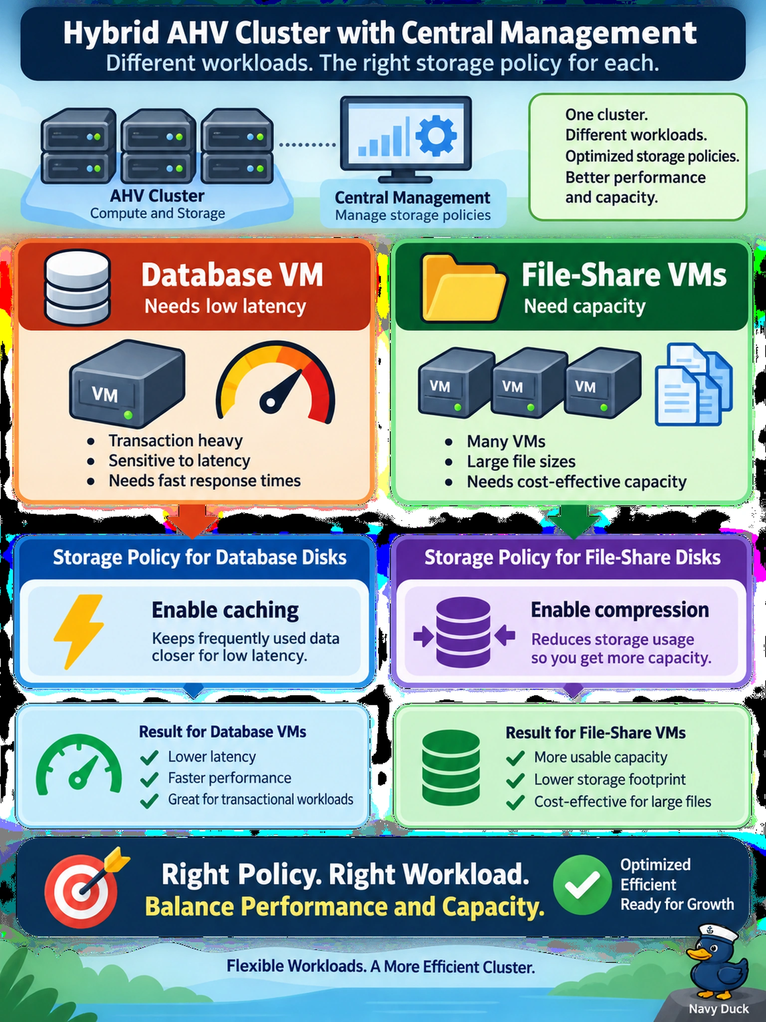 To Create an exciting colorful infographic that explains the concepts in the question: Question: On a hybrid AHV cluster with Prism Central, a database VM needs low latency while many file-share VMs need capacity. You must apply a storage policy to balance performance and capacity. Which policy setting best matches the workload classes? Correct Answer: Enable compression on file-share disks and caching on database disks. Put EVERY visible label in double quotes. No people. No A/B/C/D letters. In one of the four corners put a little "Navy Duck".