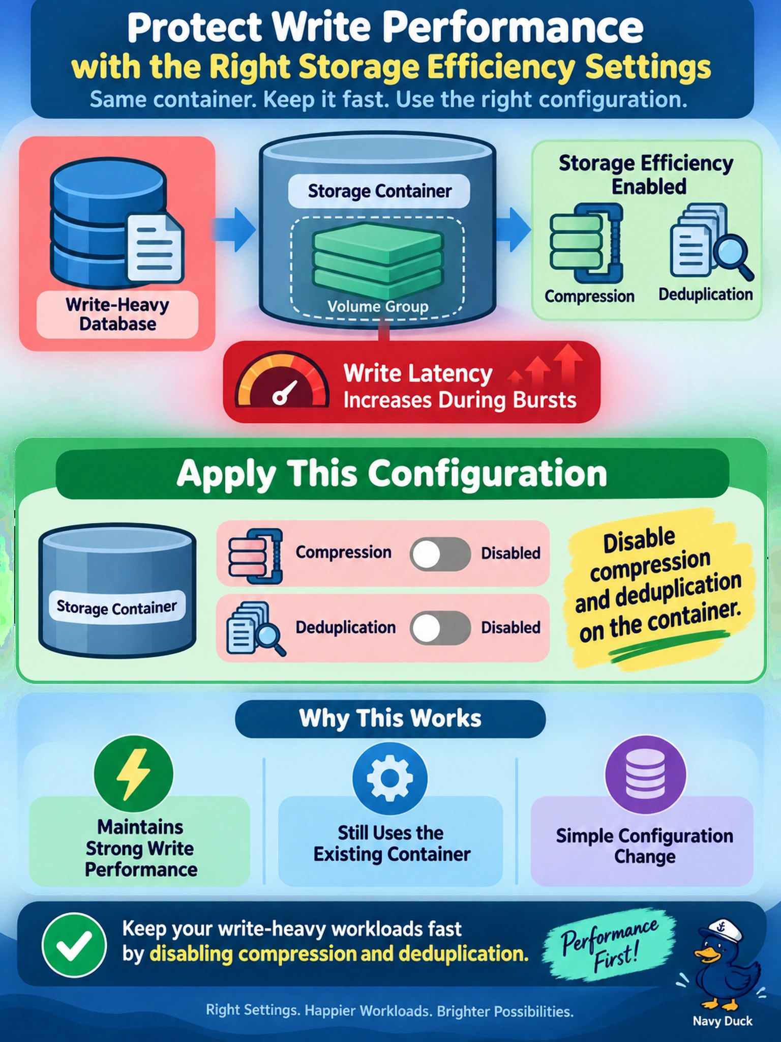 To Create an exciting colorful infographic that explains the concepts in the question: Question: A write-heavy database is placed on a Nutanix storage container as a volume group. After enabling storage efficiency, write latency increases during bursts. You must choose a storage efficiency configuration that protects write performance while still using the existing container. Which configuration should you apply? Correct Answer: Disable compression and deduplication on the container. Put EVERY visible label in double quotes. No people. No A/B/C/D letters. In one of the four corners put a little "Navy Duck".