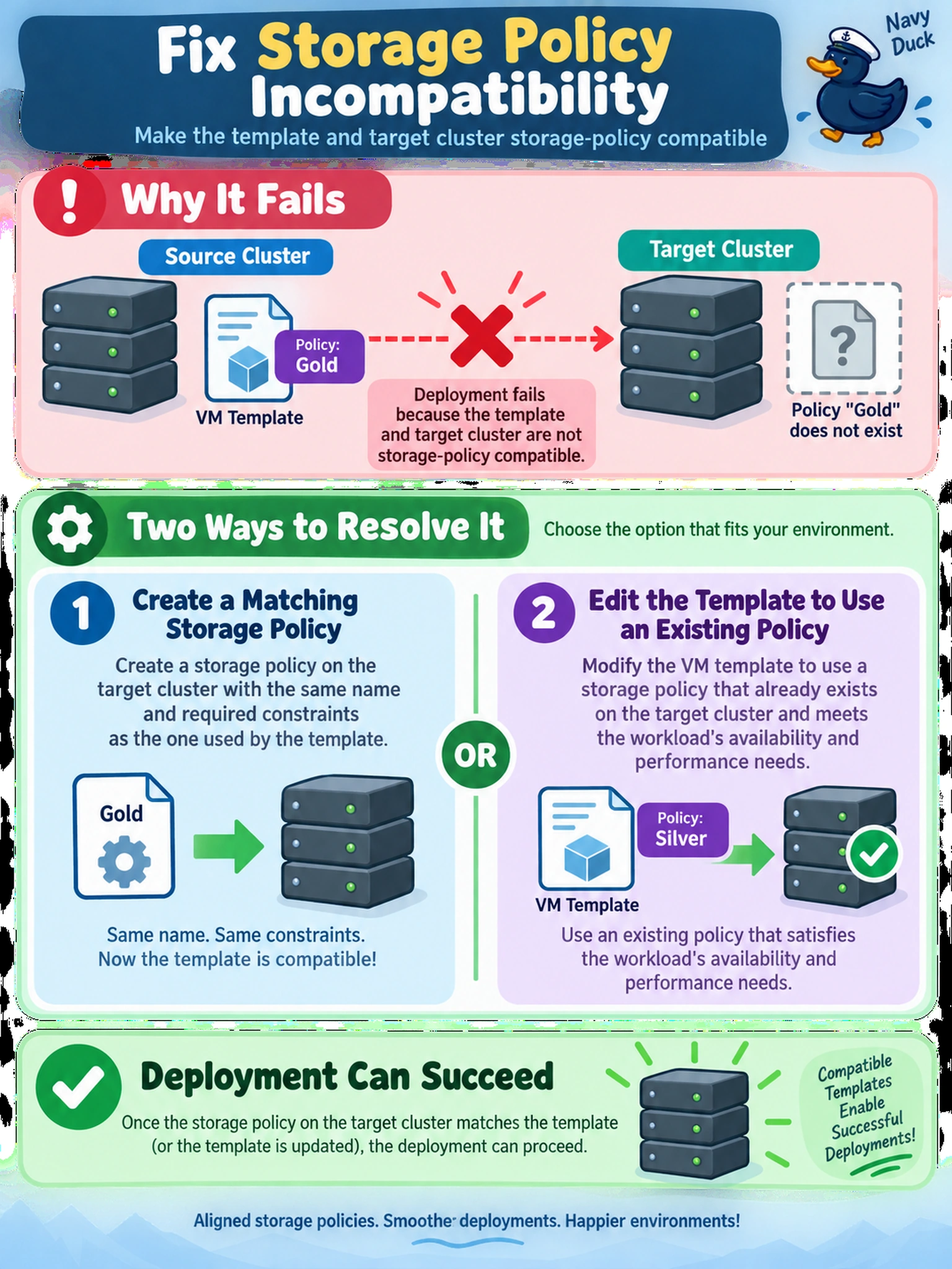 To Create an exciting colorful infographic that explains the concepts in the question: Question: An administrator clones a VM template from a source cluster to a target cluster, but the template references a storage policy that does not exist there. The deployment fails because the template and target cluster are not storage-policy compatible. What should the administrator do? Correct Answer: Create a matching storage policy on the target cluster with the same name and required constraints, or edit the template to use an existing policy that satisfies the workload's availability and performance needs. Put EVERY visible label in double quotes. No people. No A/B/C/D letters. In one of the four corners put a little "Navy Duck".