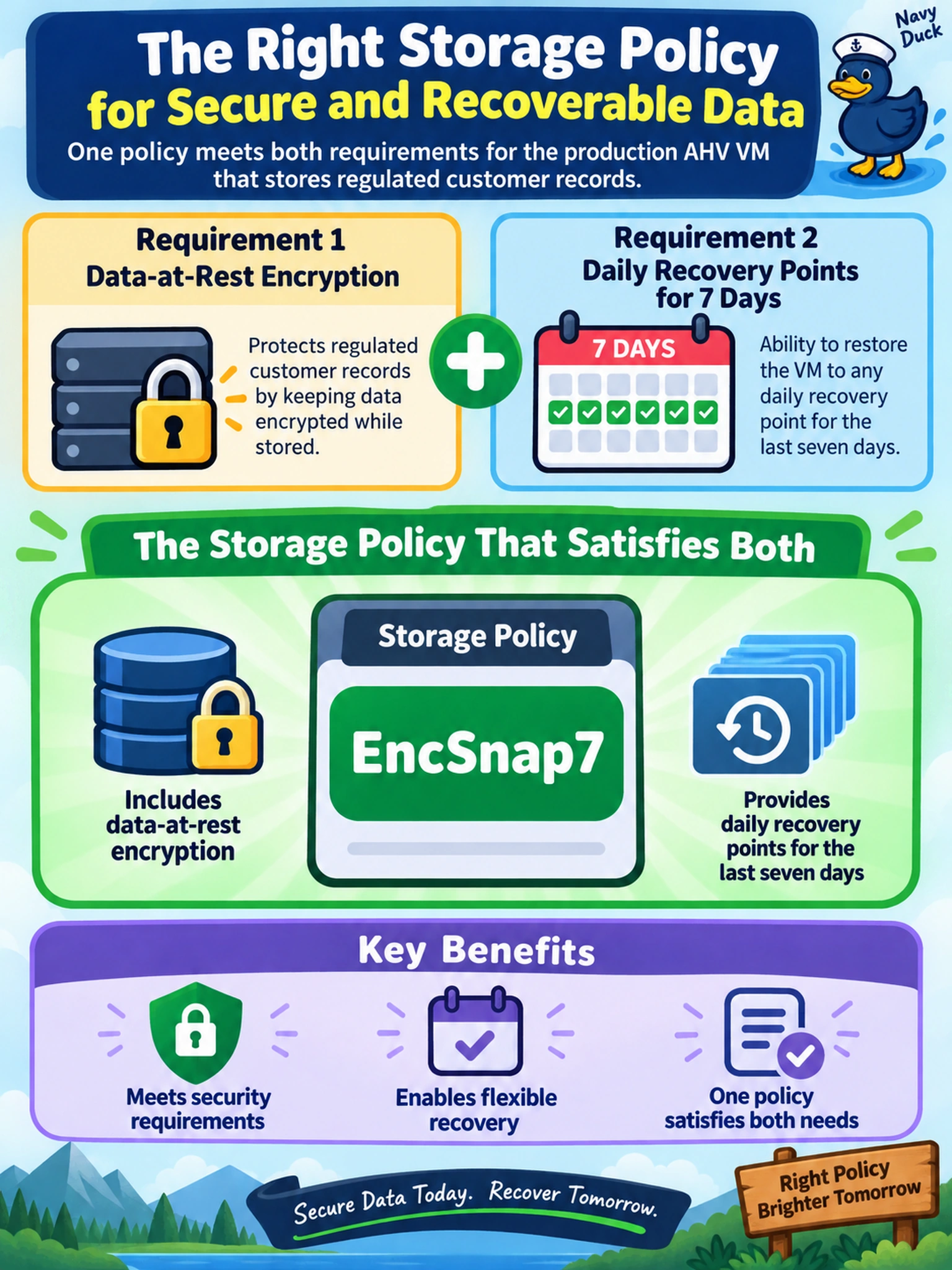 To Create an exciting colorful infographic that explains the concepts in the question: Question: A production AHV VM stores regulated customer records. The security standard requires data-at-rest encryption and the ability to restore the VM to any daily recovery point for the last seven days. The administrator must assign one existing storage policy. Which storage policy satisfies both requirements? Correct Answer: Policy-EncSnap7 Put EVERY visible label in double quotes. No people. No A/B/C/D letters. In one of the four corners put a little "Navy Duck".