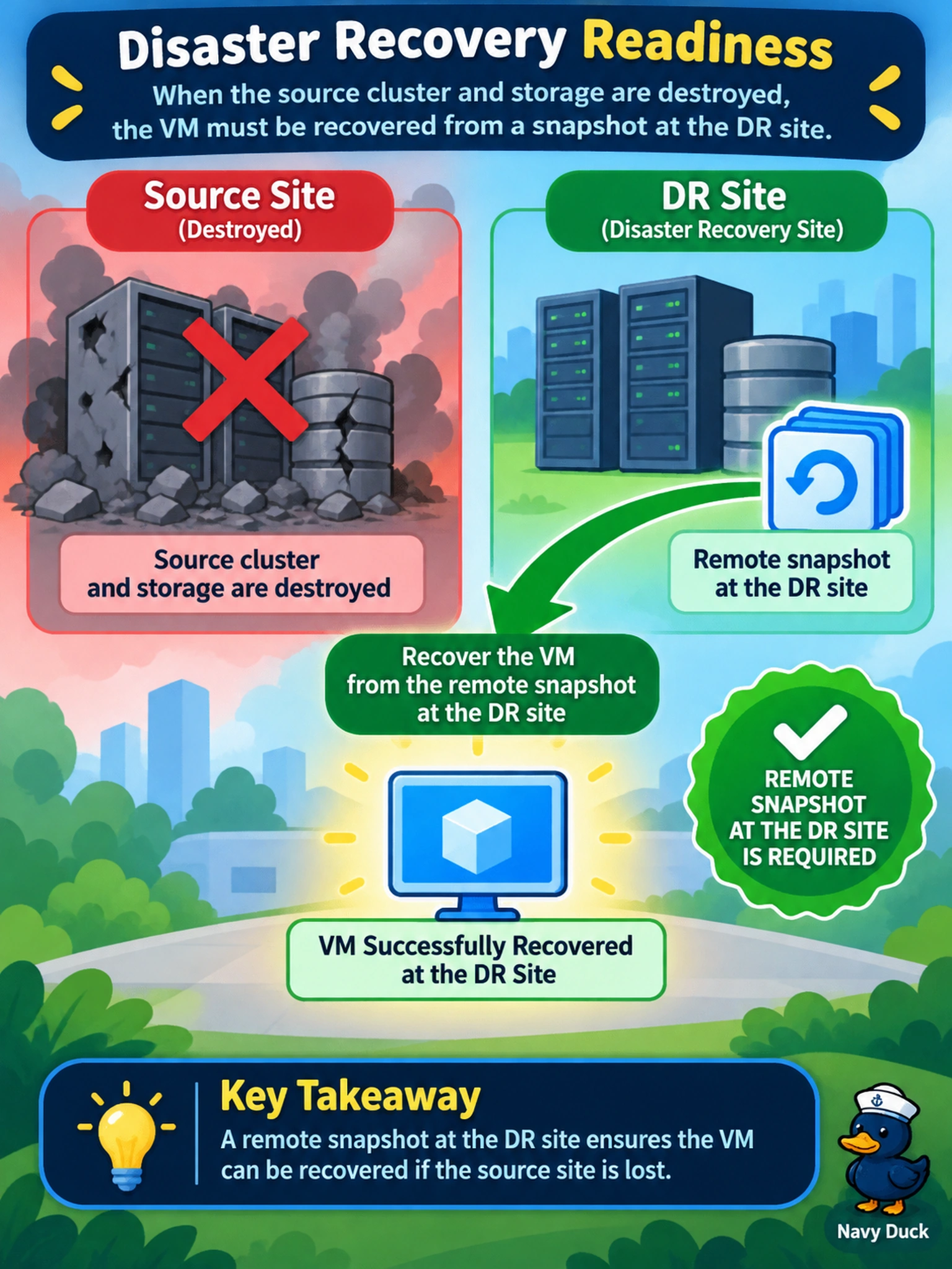 To Create an exciting colorful infographic that explains the concepts in the question: Question: A production VM is protected by a protection domain with local and remote snapshots. An admin must confirm the VM can be recovered if the source cluster and storage are destroyed. Which snapshot must exist at the DR site? Correct Answer: Remote snapshot at the DR site Put EVERY visible label in double quotes. No people. No A/B/C/D letters. In one of the four corners put a little "Navy Duck".