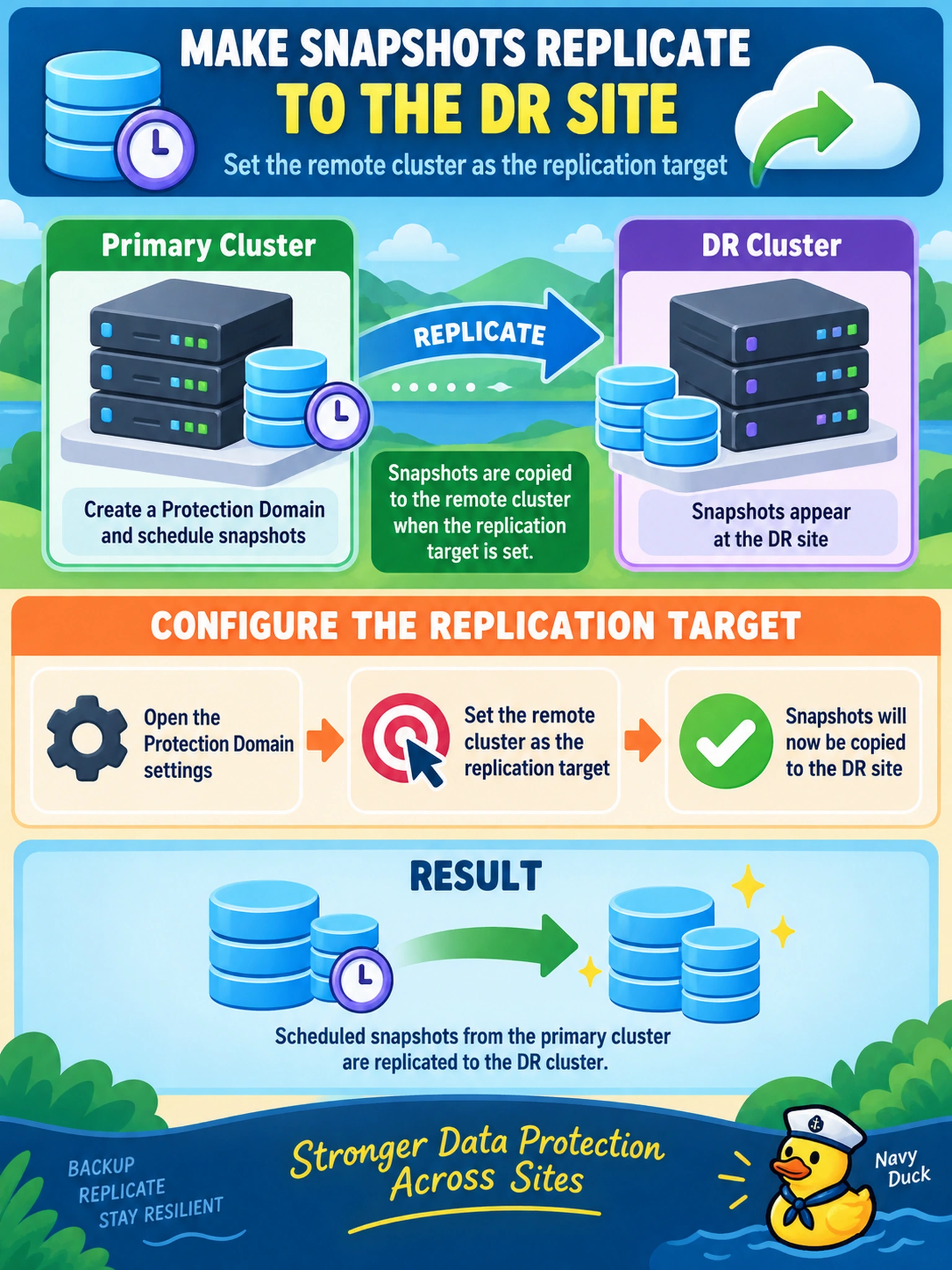 To Create an exciting colorful infographic that explains the concepts in the question: Question: A Nutanix administrator creates a Protection Domain on the primary AHV cluster and schedules snapshots, but no snapshots appear at the DR cluster. Which action makes the Protection Domain copy snapshots to the DR site? Correct Answer: Set the remote cluster as the replication target. Put EVERY visible label in double quotes. No people. No A/B/C/D letters. In one of the four corners put a little "Navy Duck".