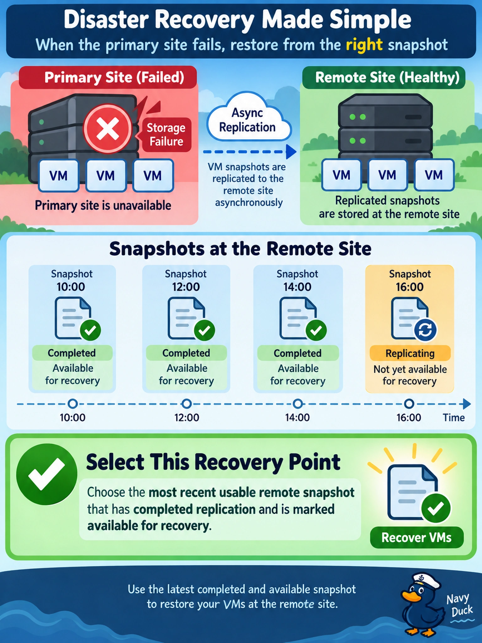 To Create an exciting colorful infographic that explains the concepts in the question: Question: A protection domain replicates VMs from AHV Prism Element to a remote Nutanix cluster using async replication. The primary site suffers a storage failure, and you must recover the VMs at the remote site. Which recovery point should you select for the restore? Correct Answer: The most recent usable remote snapshot that has completed replication and is marked available for recovery Put EVERY visible label in double quotes. No people. No A/B/C/D letters. In one of the four corners put a little "Navy Duck".