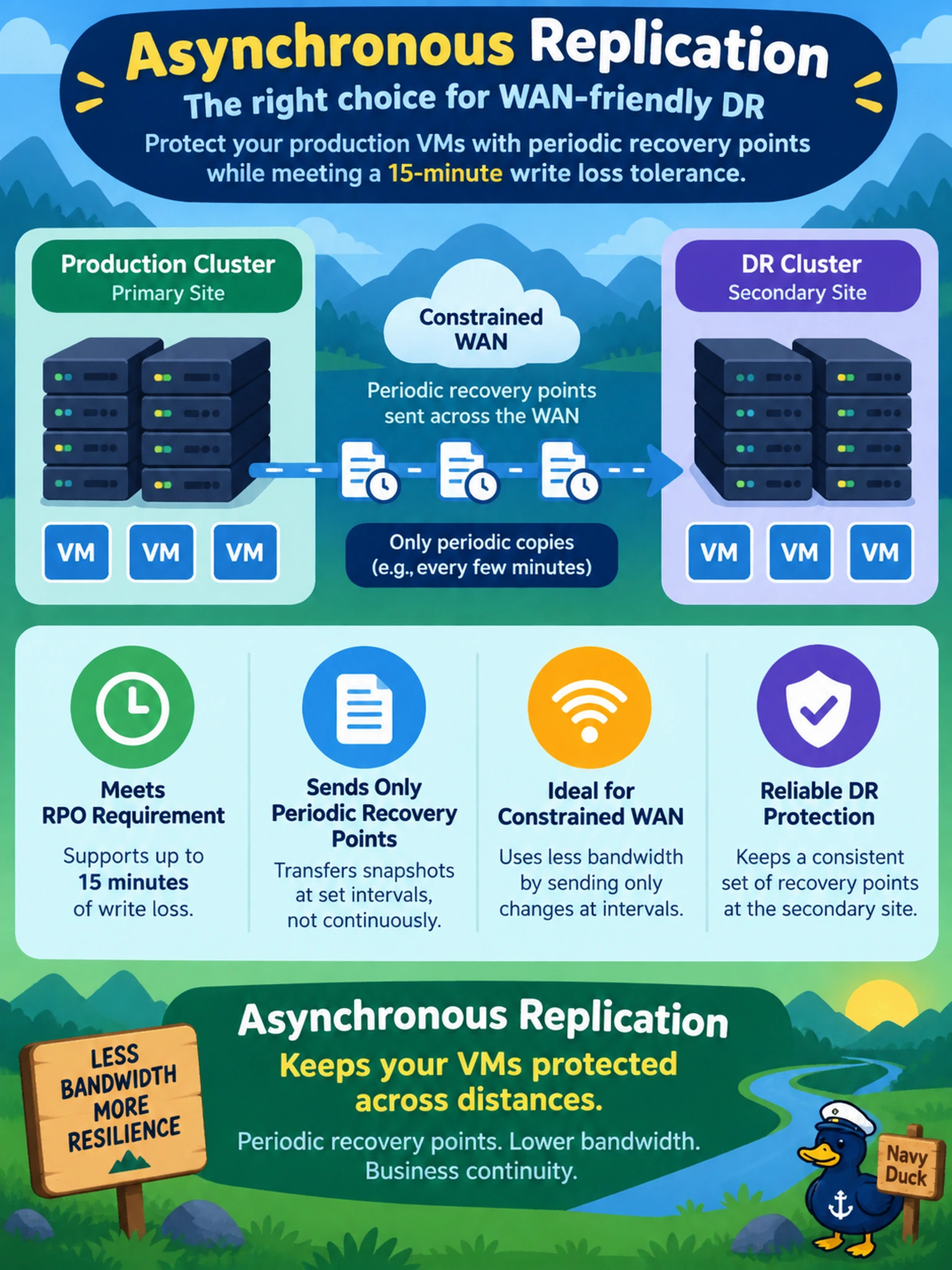 To Create an exciting colorful infographic that explains the concepts in the question: Question: A DR administrator must protect production VMs between two Nutanix clusters. The business can tolerate losing up to 15 minutes of writes, and replication must send only periodic recovery points across a constrained WAN. Which replication mode should be selected? Correct Answer: Asynchronous replication Put EVERY visible label in double quotes. No people. No A/B/C/D letters. In one of the four corners put a little "Navy Duck".