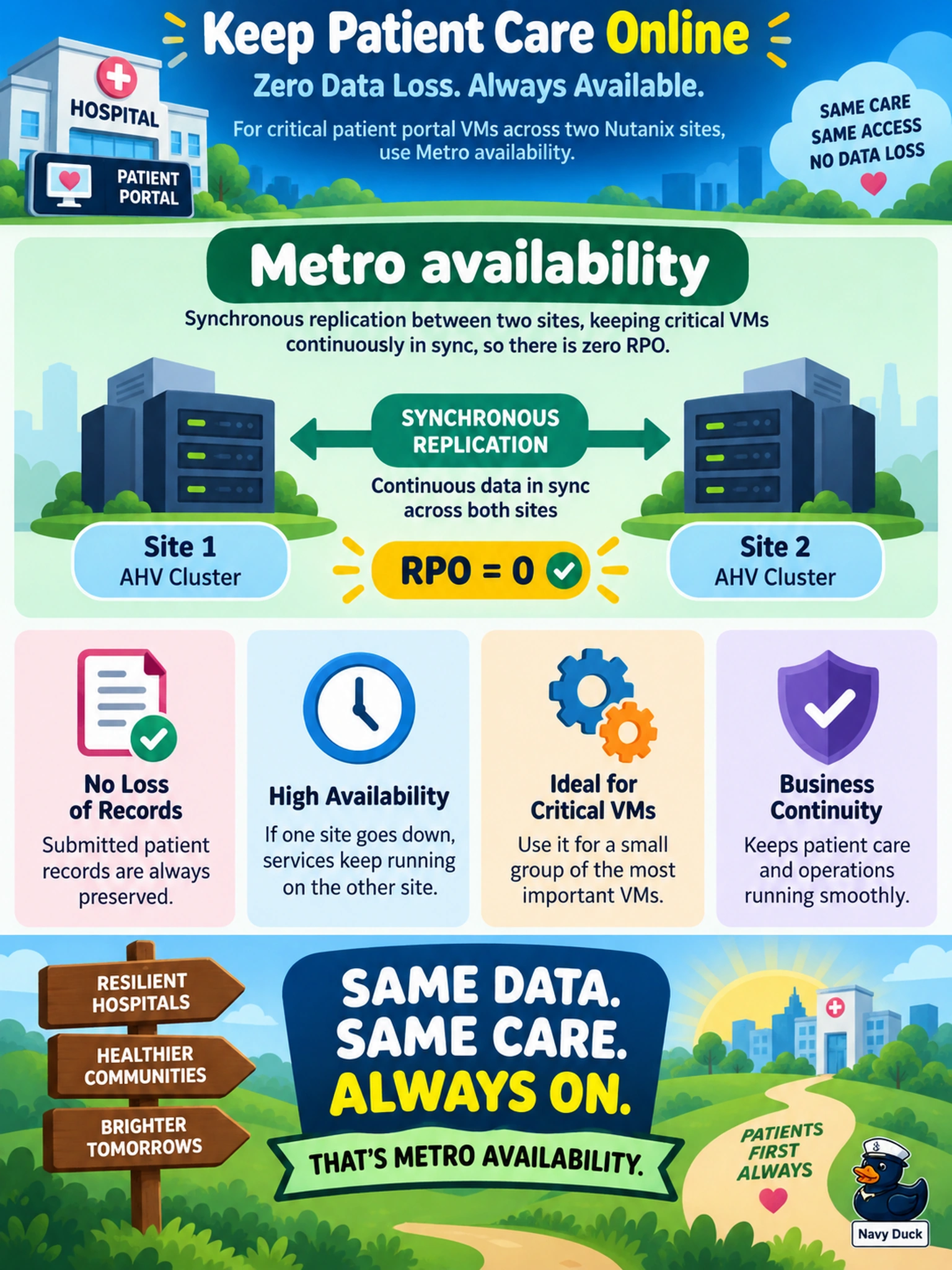 To Create an exciting colorful infographic that explains the concepts in the question: Question: A hospital's patient portal must keep running across two Nutanix sites with AHV and Prism Central. Leadership says any loss of submitted records during a site outage is unacceptable, so the solution must deliver zero RPO for a small group of critical VMs. Which Nutanix availability mode should you configure? Correct Answer: Metro availability Put EVERY visible label in double quotes. No people. No A/B/C/D letters. In one of the four corners put a little "Navy Duck".