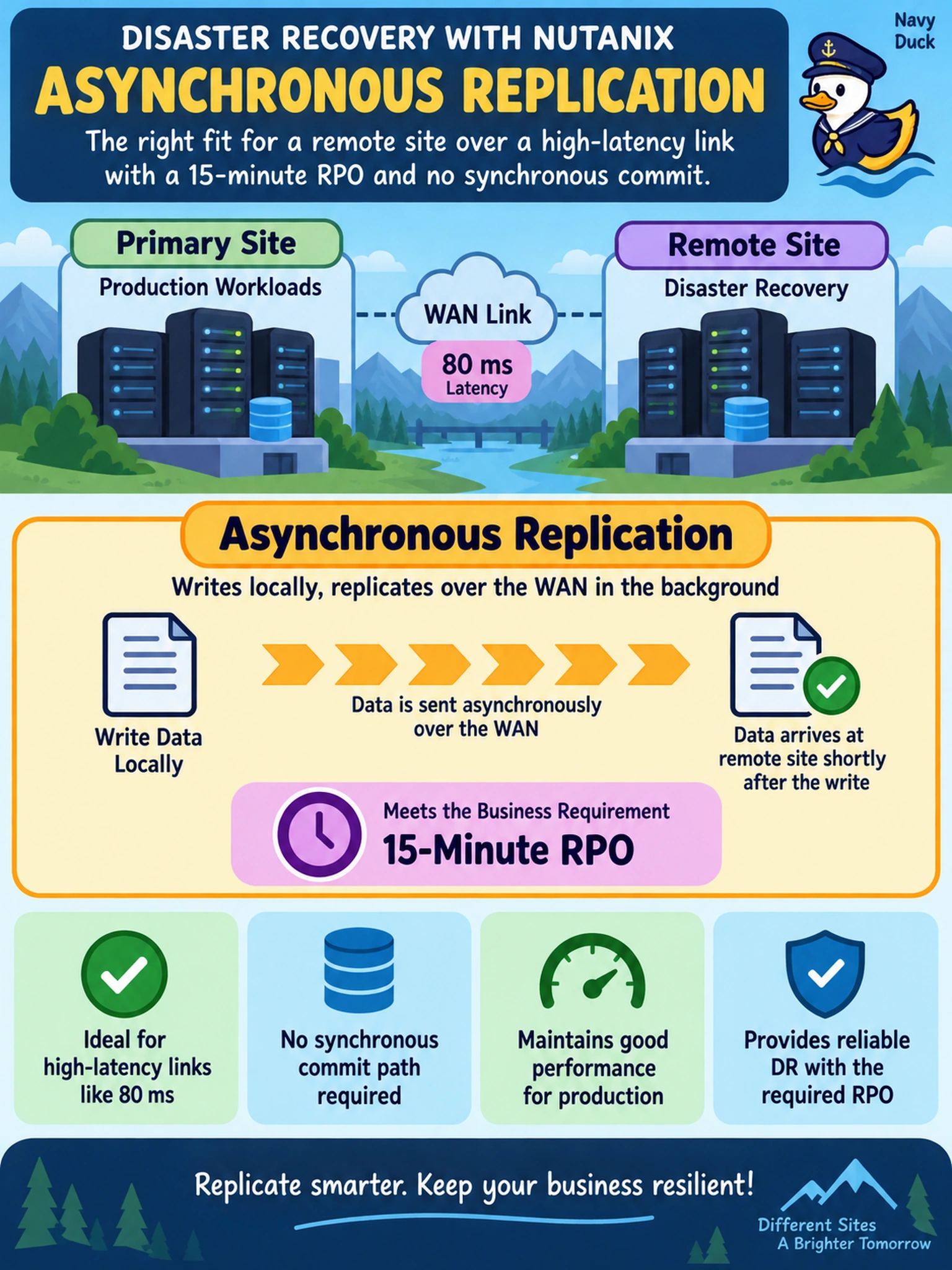 To Create an exciting colorful infographic that explains the concepts in the question: Question: An administrator must replicate a protection domain to a remote Nutanix site over a WAN link with 80 ms latency. The business tolerates a 15-minute RPO and cannot accept a synchronous commit path. Which replication mode best fits this DR design? Correct Answer: Asynchronous replication Put EVERY visible label in double quotes. No people. No A/B/C/D letters. In one of the four corners put a little "Navy Duck".