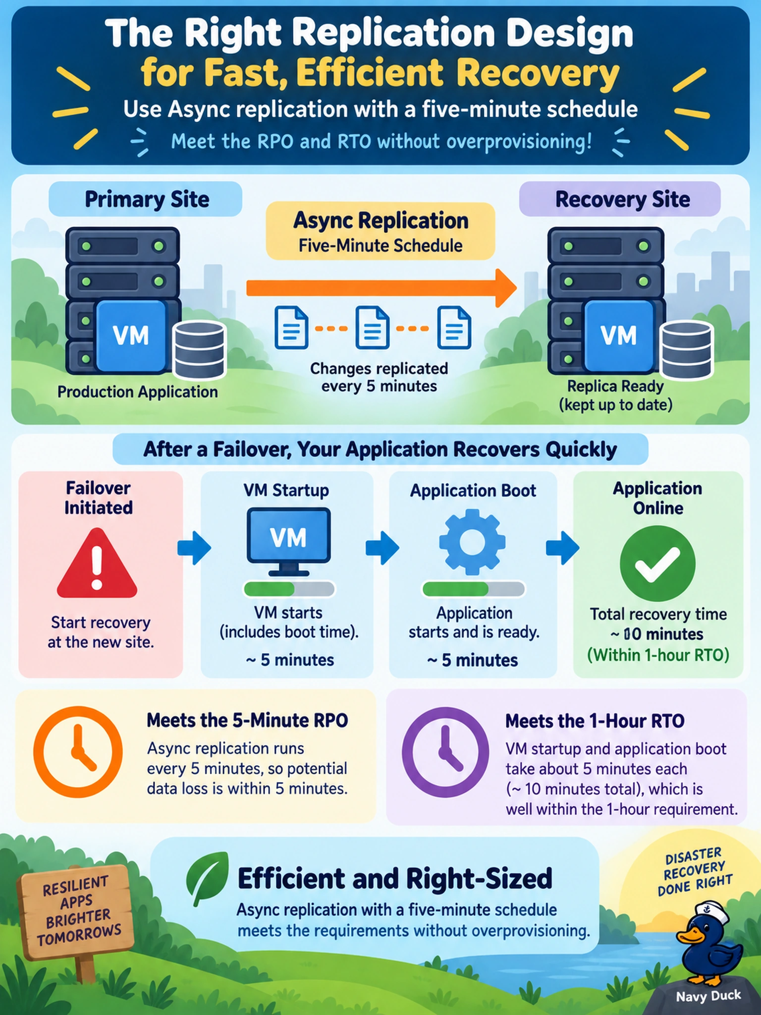 To Create an exciting colorful infographic that explains the concepts in the question: Question: A protected application must meet a five-minute RPO and a one-hour RTO. After failover, VM startup and application boot take about five minutes. Which replication design best meets the requirements without overprovisioning? Correct Answer: Use Async replication with a five-minute schedule Put EVERY visible label in double quotes. No people. No A/B/C/D letters. In one of the four corners put a little "Navy Duck".