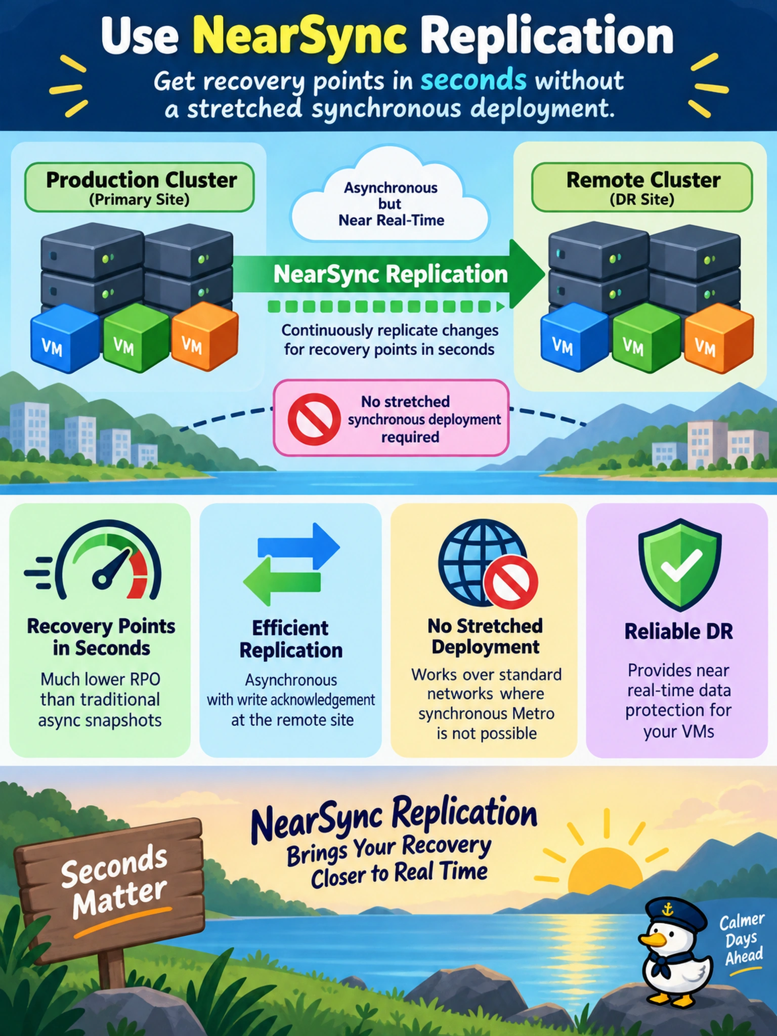 To Create an exciting colorful infographic that explains the concepts in the question: Question: A Nutanix AHV production cluster replicates VMs to a remote site with async snapshot schedules. The app owner now needs recovery point objectives in seconds, but the network cannot support a stretched synchronous Metro deployment. Which replication capability should you use? Correct Answer: NearSync replication Put EVERY visible label in double quotes. No people. No A/B/C/D letters. In one of the four corners put a little "Navy Duck".