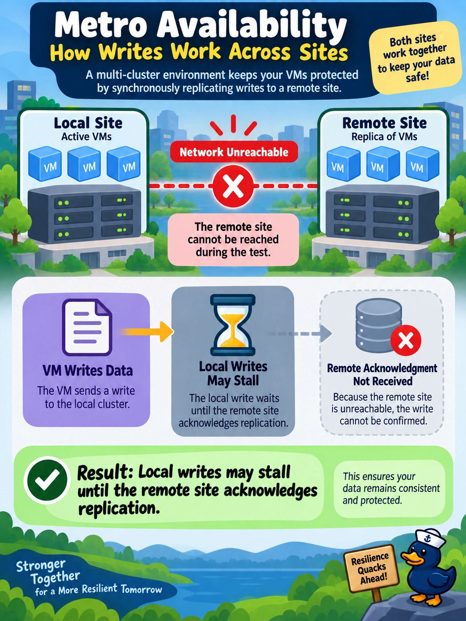To Create an exciting colorful infographic that explains the concepts in the question: Question: A multi-cluster Nutanix estate uses Metro availability for a set of AHV VMs. During a network test, the remote site becomes unreachable while the protected VMs are actively writing data. Which behavior should the administrator expect? Correct Answer: Local writes may stall until the remote site acknowledges replication. Put EVERY visible label in double quotes. No people. No A/B/C/D letters. In one of the four corners put a little "Navy Duck".