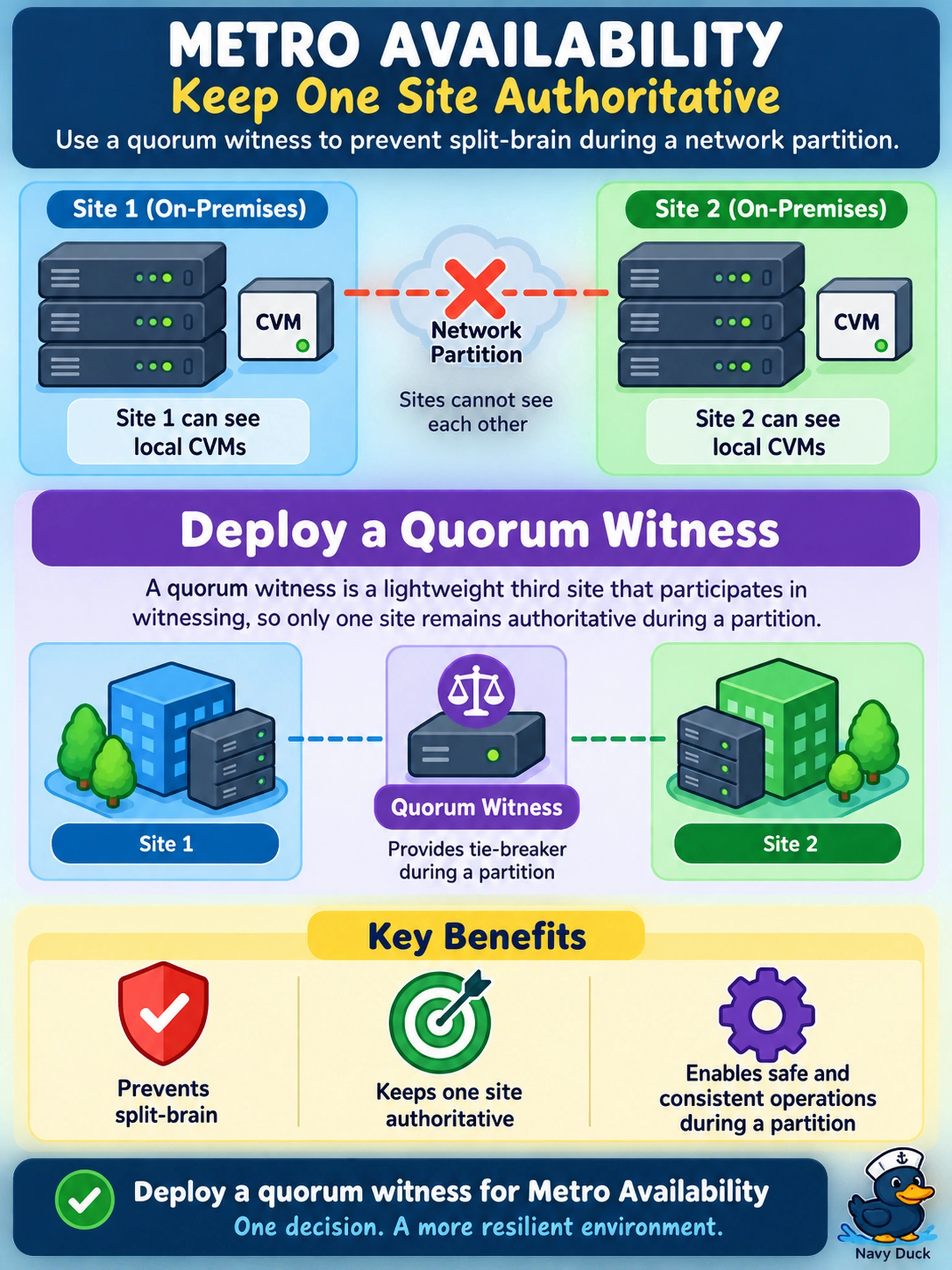 To Create an exciting colorful infographic that explains the concepts in the question: Question: A Nutanix administrator configures Metro Availability between two on-premises sites. During a network partition test, both sites can see local CVMs but cannot see the partner site. The administrator wants to prevent split-brain and keep one site authoritative. Which mechanism must be deployed? Correct Answer: A quorum witness Put EVERY visible label in double quotes. No people. No A/B/C/D letters. In one of the four corners put a little "Navy Duck".