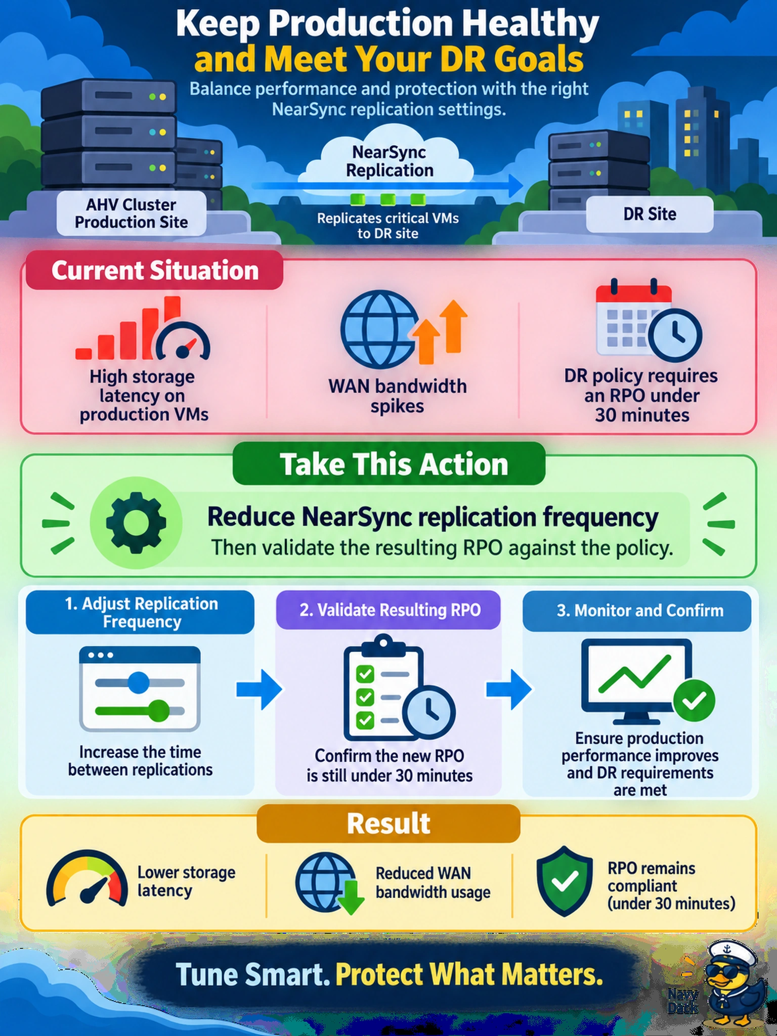 To Create an exciting colorful infographic that explains the concepts in the question: Question: A Nutanix AHV cluster uses NearSync replication for critical VMs to a DR site. During business hours, production VMs show high storage latency and WAN bandwidth spikes, while the DR policy requires an RPO under 30 minutes. Which action best balances production performance with the DR requirement? Correct Answer: Reduce NearSync replication frequency, then validate the resulting RPO against the policy. Put EVERY visible label in double quotes. No people. No A/B/C/D letters. In one of the four corners put a little "Navy Duck".