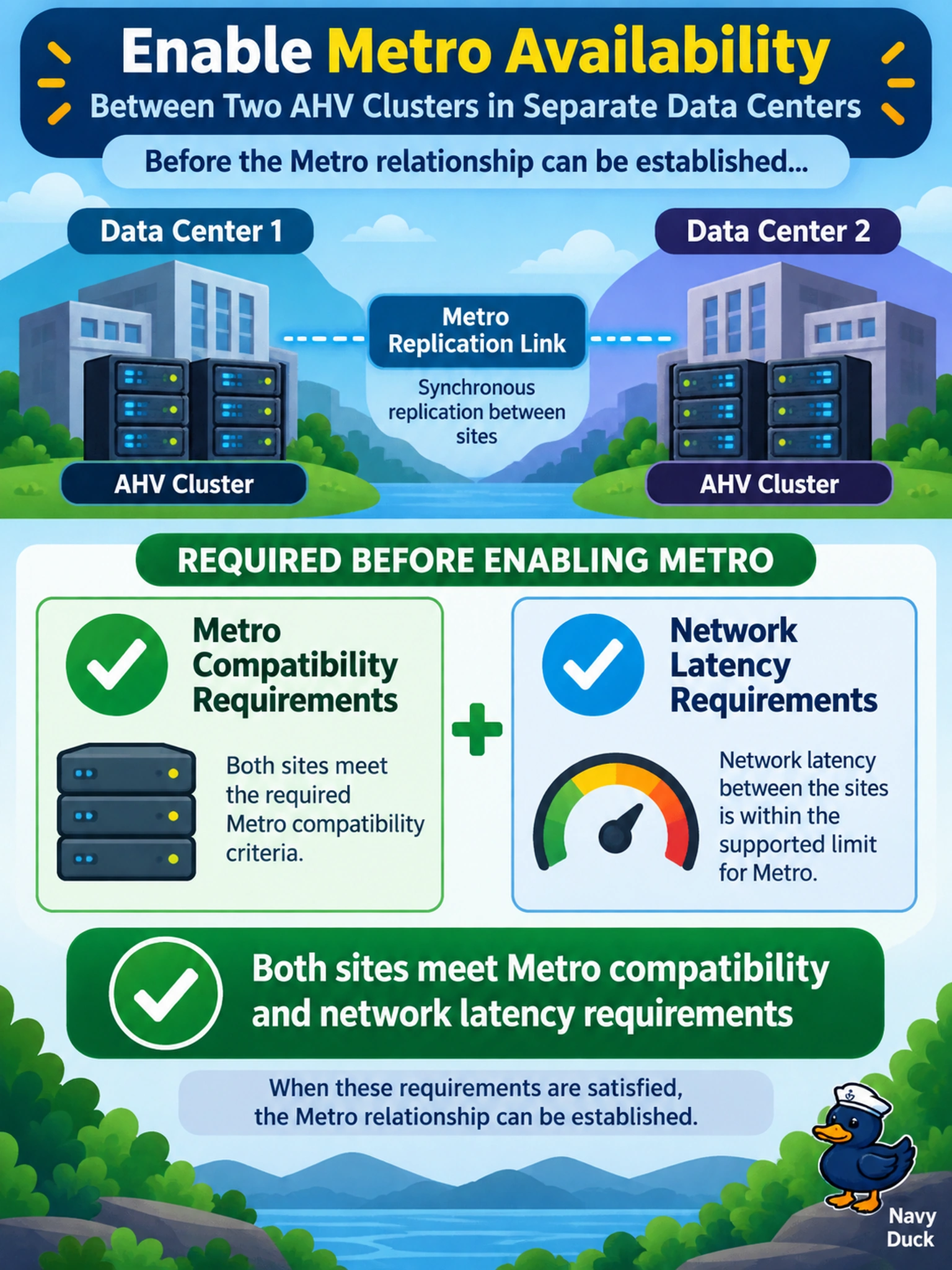 To Create an exciting colorful infographic that explains the concepts in the question: Question: An administrator is preparing to enable Metro availability between two Nutanix AHV clusters in separate data centers. Which requirement must be satisfied before the Metro relationship can be established? Correct Answer: Both sites meet Metro compatibility and network latency requirements Put EVERY visible label in double quotes. No people. No A/B/C/D letters. In one of the four corners put a little "Navy Duck".