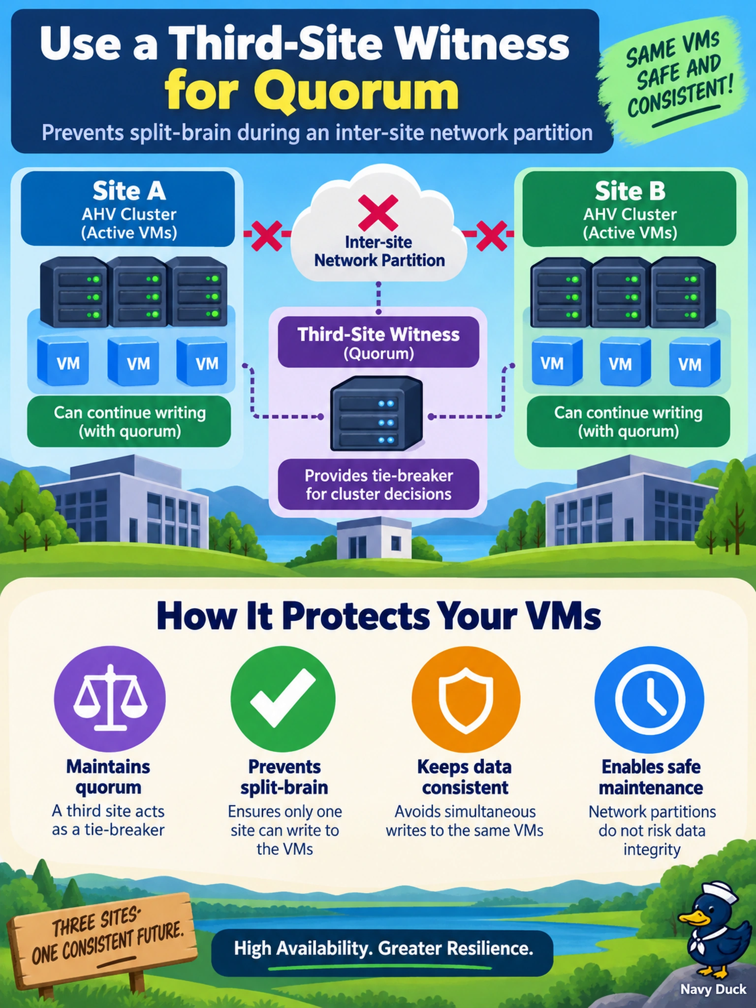 To Create an exciting colorful infographic that explains the concepts in the question: Question: Your AHV clusters in Site A and Site B are configured for Metro Availability with active-active VMs. During maintenance, the inter-site network partitions. You must prevent both sites from continuing to write to the same VMs. Which configuration provides the required protection? Correct Answer: A third-site witness for quorum Put EVERY visible label in double quotes. No people. No A/B/C/D letters. In one of the four corners put a little "Navy Duck".
