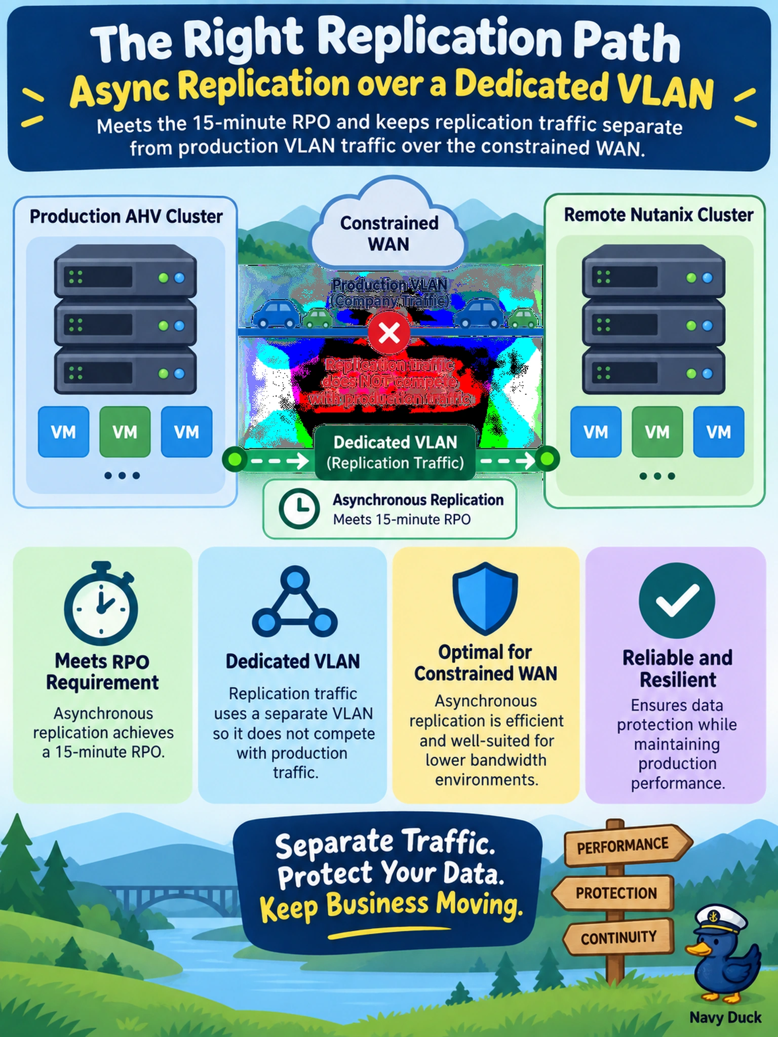 To Create an exciting colorful infographic that explains the concepts in the question: Question: A production AHV cluster replicates to a remote Nutanix cluster over a constrained WAN. The business requires a 15-minute RPO, and replication traffic must not compete with production VLAN traffic. Which replication path should an administrator select? Correct Answer: Async replication over a dedicated VLAN Put EVERY visible label in double quotes. No people. No A/B/C/D letters. In one of the four corners put a little "Navy Duck".