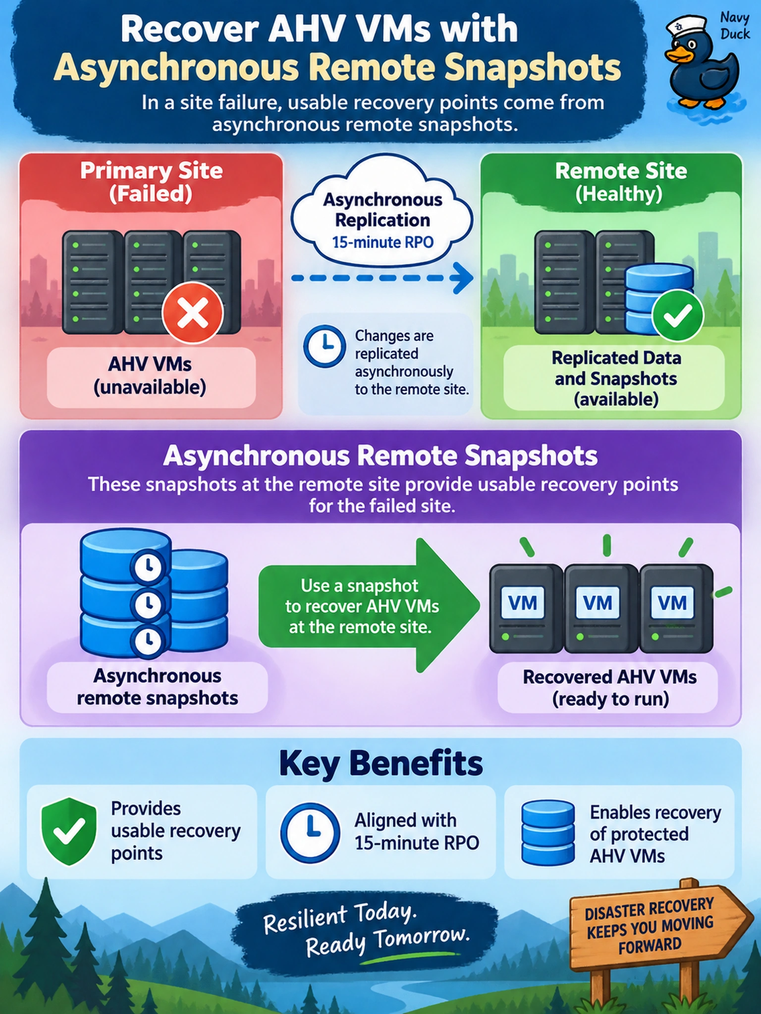 To Create an exciting colorful infographic that explains the concepts in the question: Question: During a planned site failure test, an administrator needs to recover protected AHV VMs from a Nutanix DR relationship that uses asynchronous replication with a 15-minute RPO. Which source provides usable recovery points for the failed site? Correct Answer: Asynchronous remote snapshots Put EVERY visible label in double quotes. No people. No A/B/C/D letters. In one of the four corners put a little "Navy Duck".