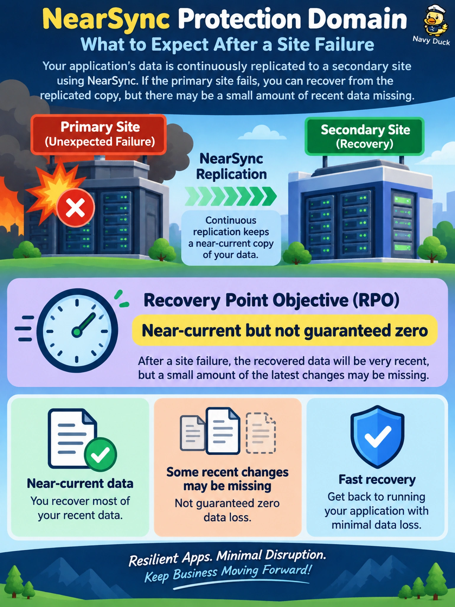 To Create an exciting colorful infographic that explains the concepts in the question: Question: An application uses a NearSync protection domain in Prism Central. After an unexpected site failure, you must tell the app owner what data loss to expect when recovering from the replicated copy. Which statement describes the recovery point objective? Correct Answer: Near-current but not guaranteed zero Put EVERY visible label in double quotes. No people. No A/B/C/D letters. In one of the four corners put a little "Navy Duck".