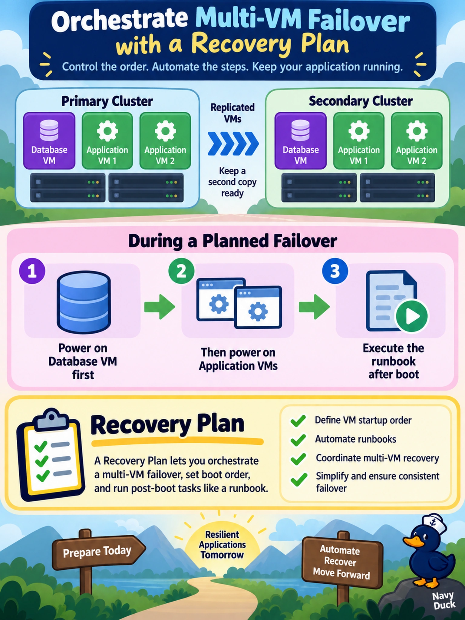 To Create an exciting colorful infographic that explains the concepts in the question: Question: A three-tier application runs on AHV VMs replicated to a second Nutanix cluster. During a planned failover, the database VM must power on before the application VMs, and a runbook should execute after boot. Which Nutanix DR object should an admin use to orchestrate this multi-VM failover? Correct Answer: Recovery Plan Put EVERY visible label in double quotes. No people. No A/B/C/D letters. In one of the four corners put a little "Navy Duck".