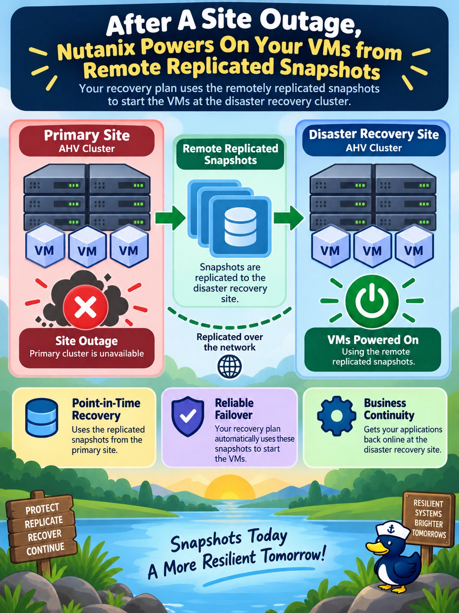 To Create an exciting colorful infographic that explains the concepts in the question: Question: Your recovery plan fails over a protected VM group from the primary AHV cluster to a disaster recovery cluster after a site outage. Which recovery source does Nutanix use to power on the VMs? Correct Answer: Remote replicated snapshots Put EVERY visible label in double quotes. No people. No A/B/C/D letters. In one of the four corners put a little "Navy Duck".