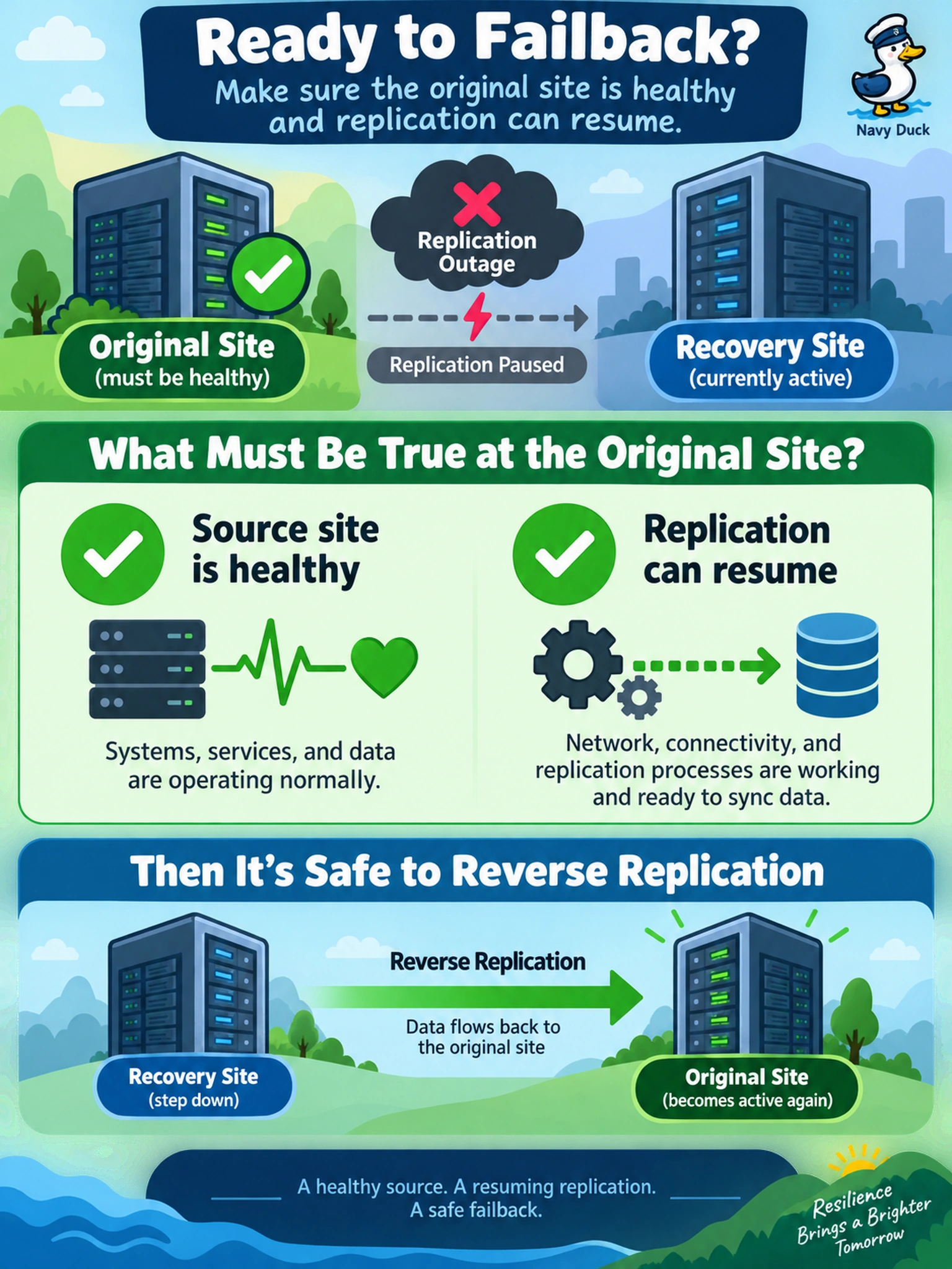To Create an exciting colorful infographic that explains the concepts in the question: Question: During a planned failback after an async replication outage, what must be true at the original site before the recovery plan can safely reverse replication? Correct Answer: Source site is healthy and replication can resume. Put EVERY visible label in double quotes. No people. No A/B/C/D letters. In one of the four corners put a little "Navy Duck".