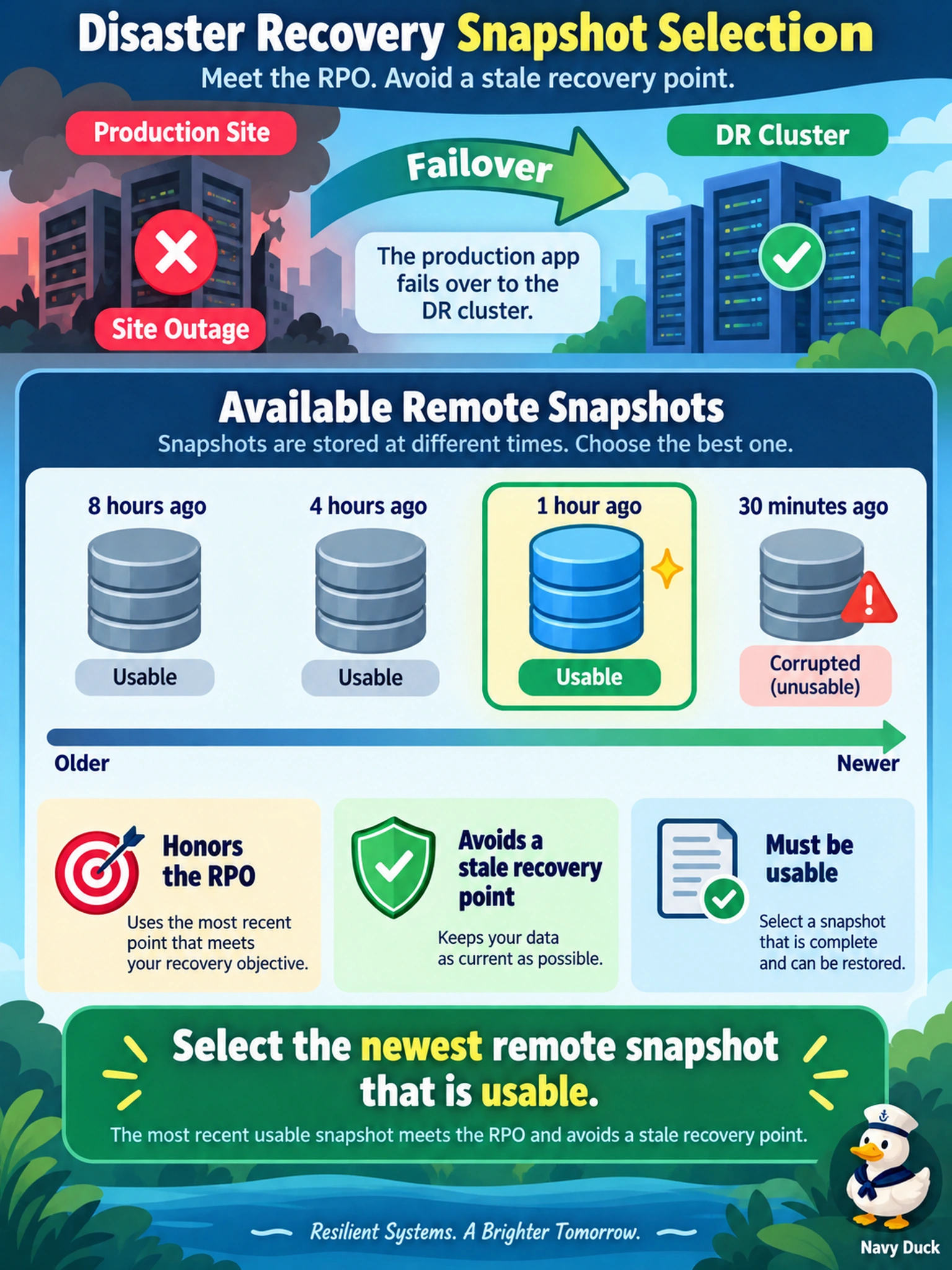 To Create an exciting colorful infographic that explains the concepts in the question: Question: A production app fails over to the DR cluster after a site outage. The recovery plan lists several remote snapshots created at different times. The admin wants to honor the RPO while avoiding a stale recovery point. Which snapshot should be selected? Correct Answer: The newest remote snapshot that is usable Put EVERY visible label in double quotes. No people. No A/B/C/D letters. In one of the four corners put a little "Navy Duck".