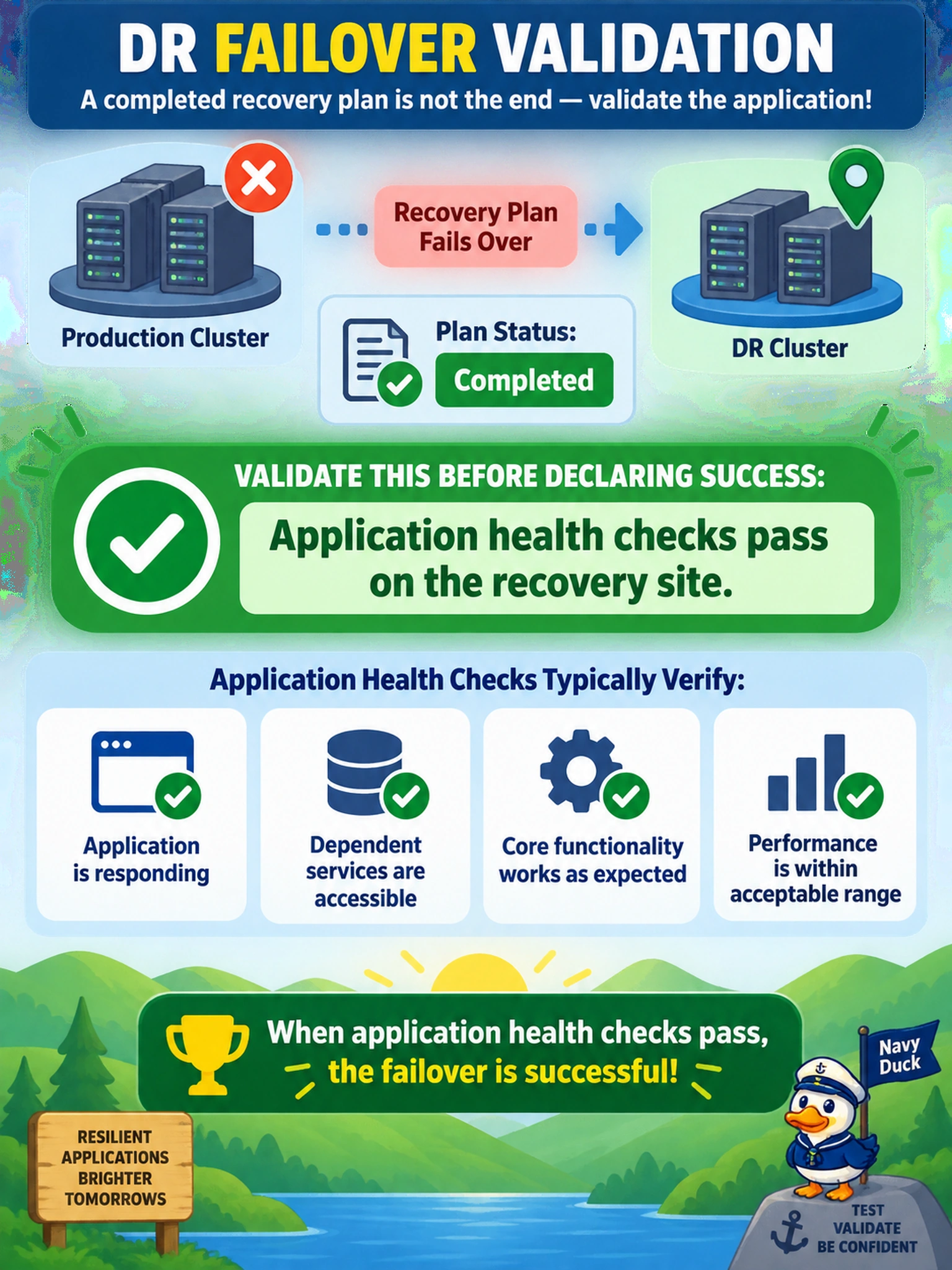 To Create an exciting colorful infographic that explains the concepts in the question: Question: After a recovery plan fails over a multi-tier application from the production cluster to the DR cluster, the administrator sees the plan status as Completed. Which validation must be performed before declaring the failover successful? Correct Answer: Application health checks pass on the recovery site. Put EVERY visible label in double quotes. No people. No A/B/C/D letters. In one of the four corners put a little "Navy Duck".