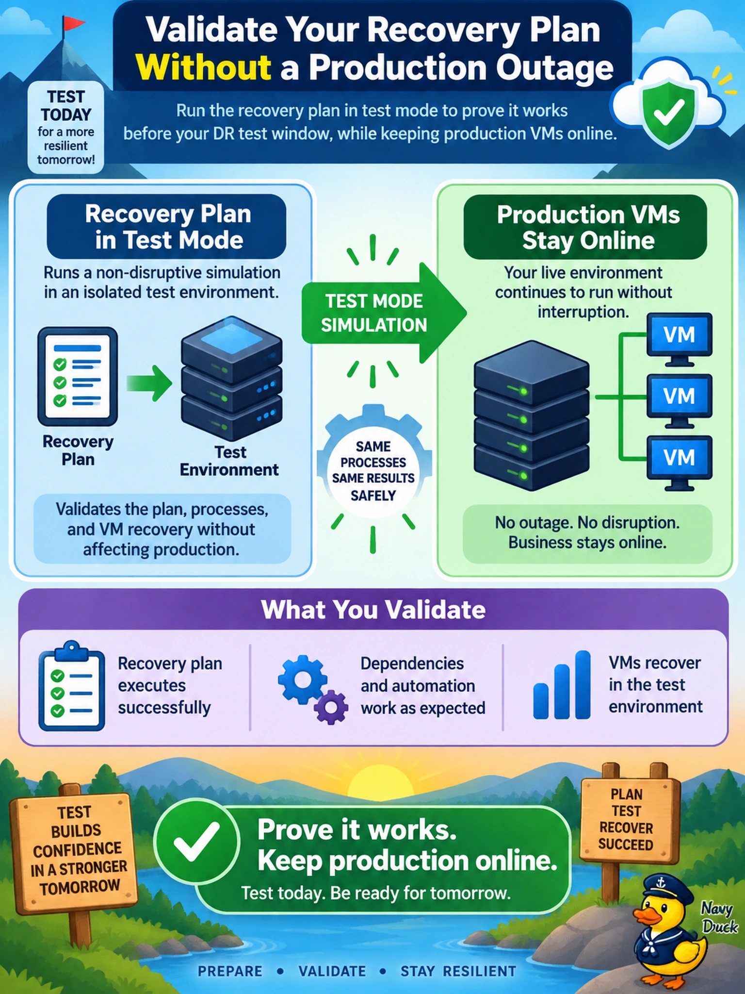To Create an exciting colorful infographic that explains the concepts in the question: Question: A team must prove its Nutanix recovery plan works before a DR test window, but production VMs must remain online. Which action validates the plan without causing a production outage? Correct Answer: Run the recovery plan in test mode Put EVERY visible label in double quotes. No people. No A/B/C/D letters. In one of the four corners put a little "Navy Duck".
