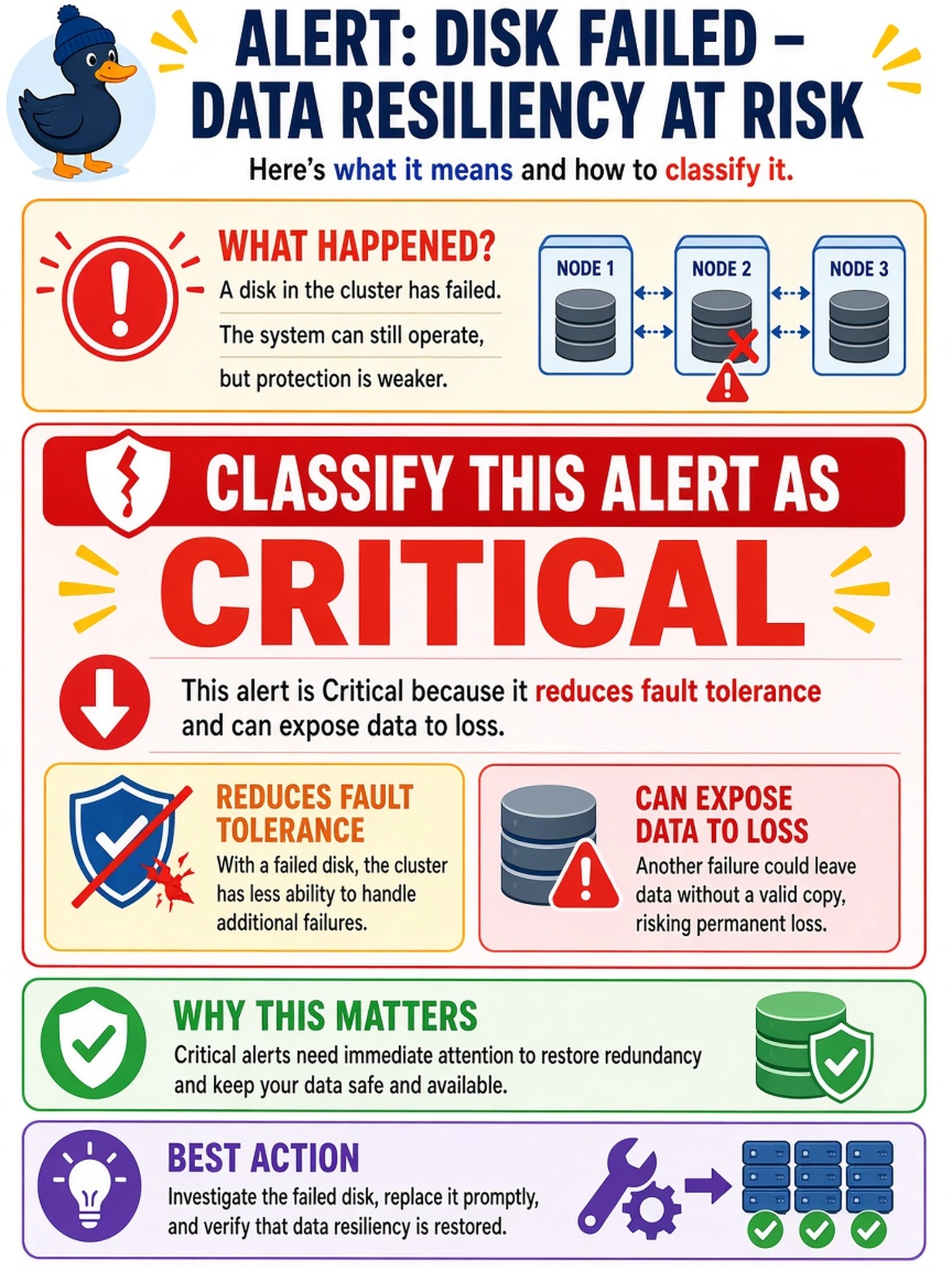 To Create an exciting colorful infographic that explains the concepts in the question: Question: A Nutanix cluster raises an alert stating that a disk has failed and data resiliency is at risk. How should an administrator classify this alert, and why? Correct Answer: Critical, because it reduces fault tolerance and can expose data to loss. Put EVERY visible label in double quotes. No people. No A/B/C/D letters. In one of the four corners put a little "Navy Duck".