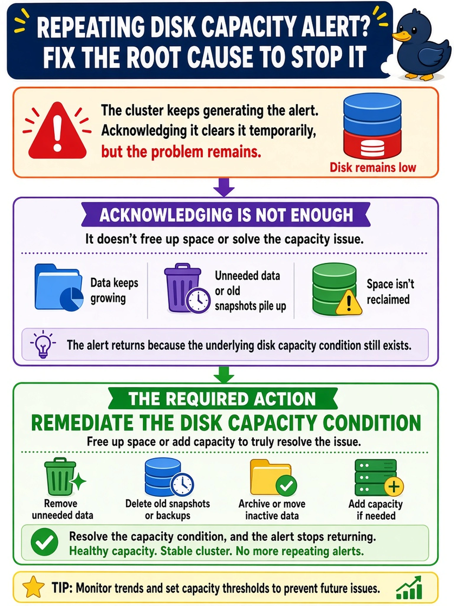 To Create an exciting colorful infographic that explains the concepts in the question: Question: A Nutanix cluster repeatedly generates a disk capacity alert. An administrator acknowledges the alert from Prism Central each time, but the alert returns and the disk remains low. What action is required to resolve the condition? Correct Answer: Remediate the disk capacity condition. Put EVERY visible label in double quotes. No people. No A/B/C/D letters. In one of the four corners put a little "Navy Duck".