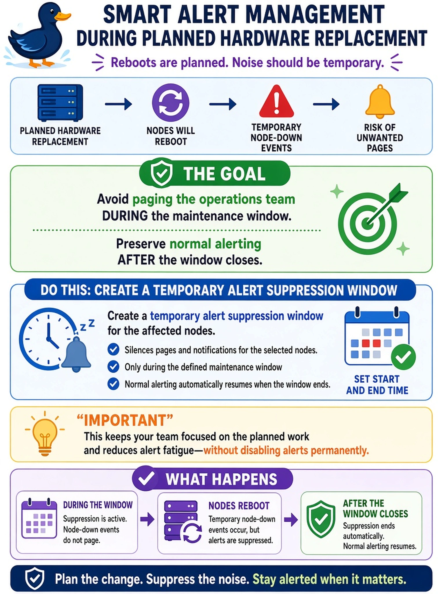 To Create an exciting colorful infographic that explains the concepts in the question: Question: During a planned hardware replacement, several AHV nodes will reboot and temporarily report node-down events. You must avoid paging the operations team while still preserving normal alerting after the window closes. What should you do? Correct Answer: Create a temporary alert suppression window for the affected nodes. Put EVERY visible label in double quotes. No people. No A/B/C/D letters. In one of the four corners put a little "Navy Duck".