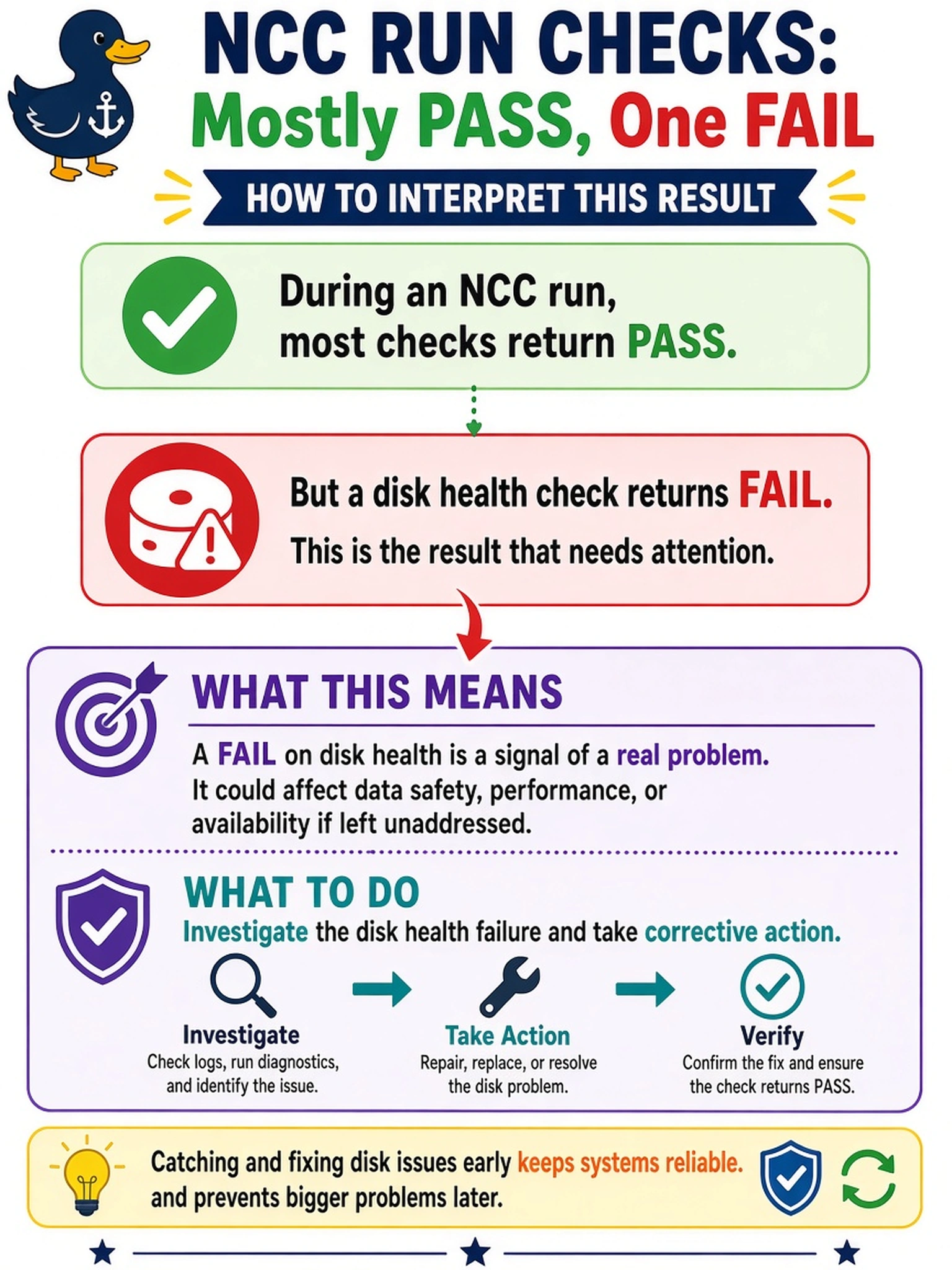 To Create an exciting colorful infographic that explains the concepts in the question: Question: During an NCC run, most checks return PASS, but a disk health check returns FAIL. How should the administrator interpret this result? Correct Answer: Investigate the disk health failure and take corrective action. Put EVERY visible label in double quotes. No people. No A/B/C/D letters. In one of the four corners put a little "Navy Duck".