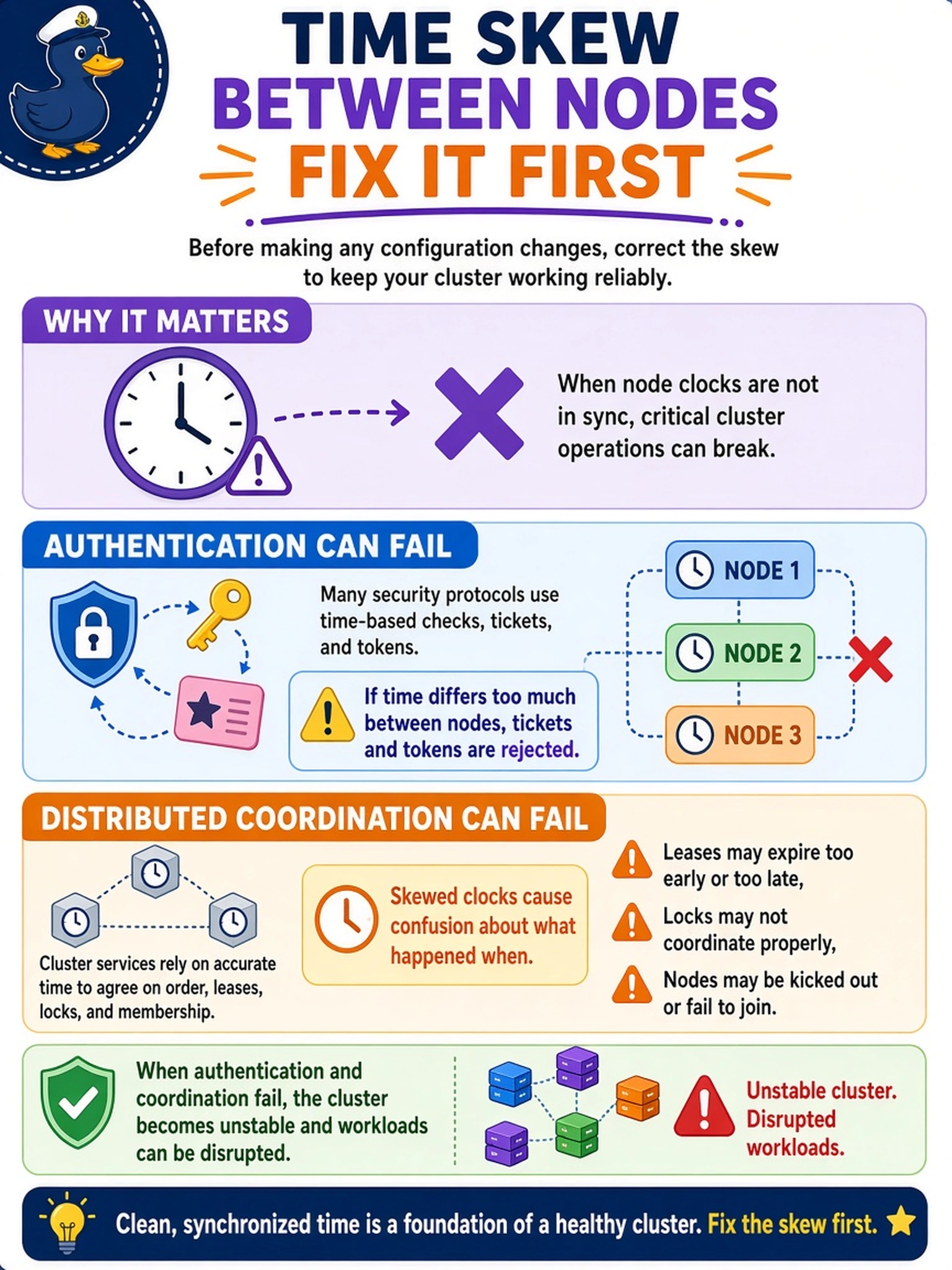 To Create an exciting colorful infographic that explains the concepts in the question: Question: An NCC health check reports significant time skew between nodes in a production AHV cluster. Before making any configuration changes, why must the administrator correct the skew? Correct Answer: Authentication and distributed coordination can fail. Put EVERY visible label in double quotes. No people. No A/B/C/D letters. In one of the four corners put a little "Navy Duck".