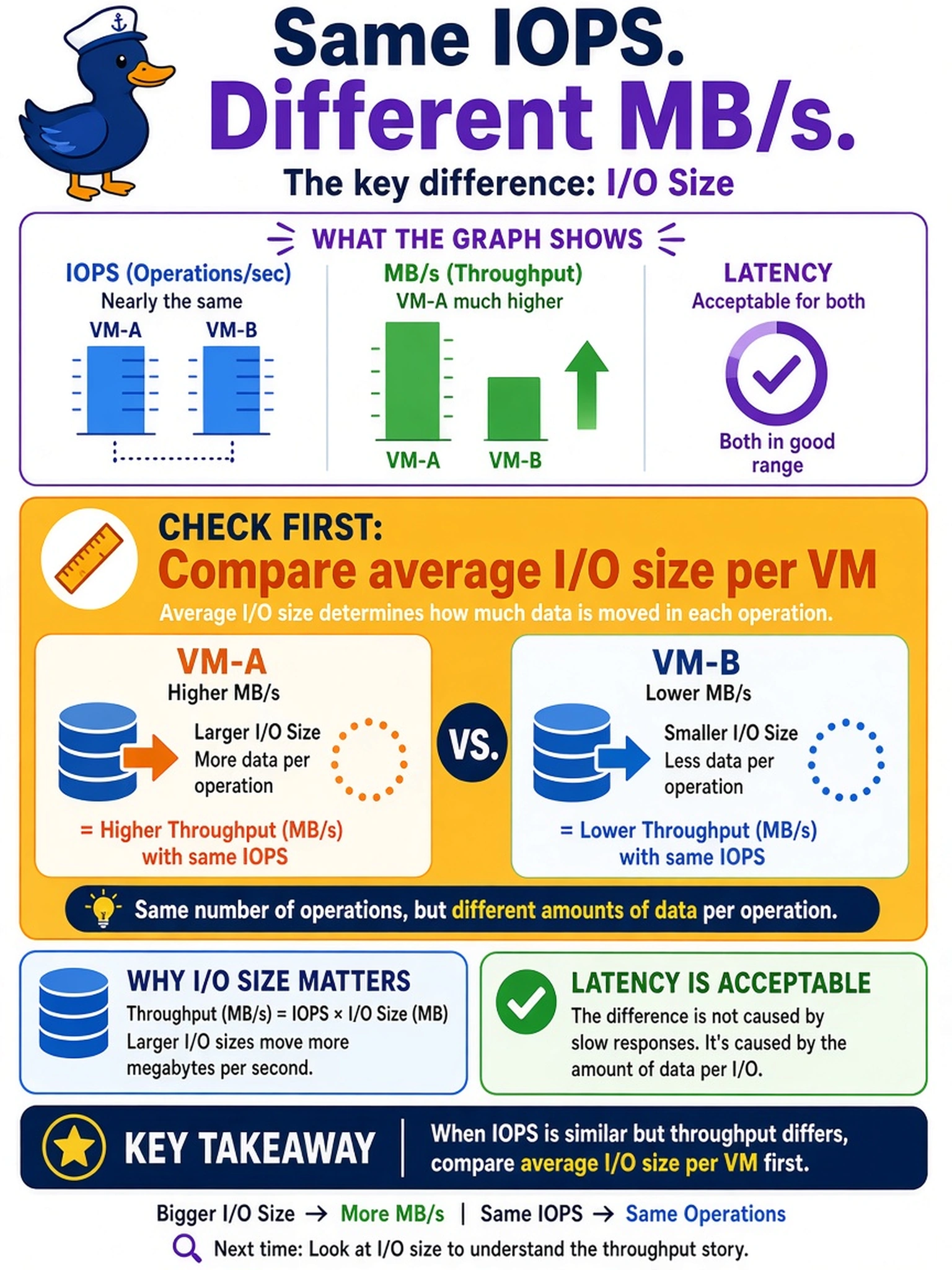 To Create an exciting colorful infographic that explains the concepts in the question: Question: A Prism Central performance graph shows two AHV VMs with nearly the same IOPS, but VM-A has much higher MB/s than VM-B. Latency is acceptable for both. What should you check first to explain the throughput difference? Correct Answer: Compare average I/O size per VM Put EVERY visible label in double quotes. No people. No A/B/C/D letters. In one of the four corners put a little "Navy Duck".