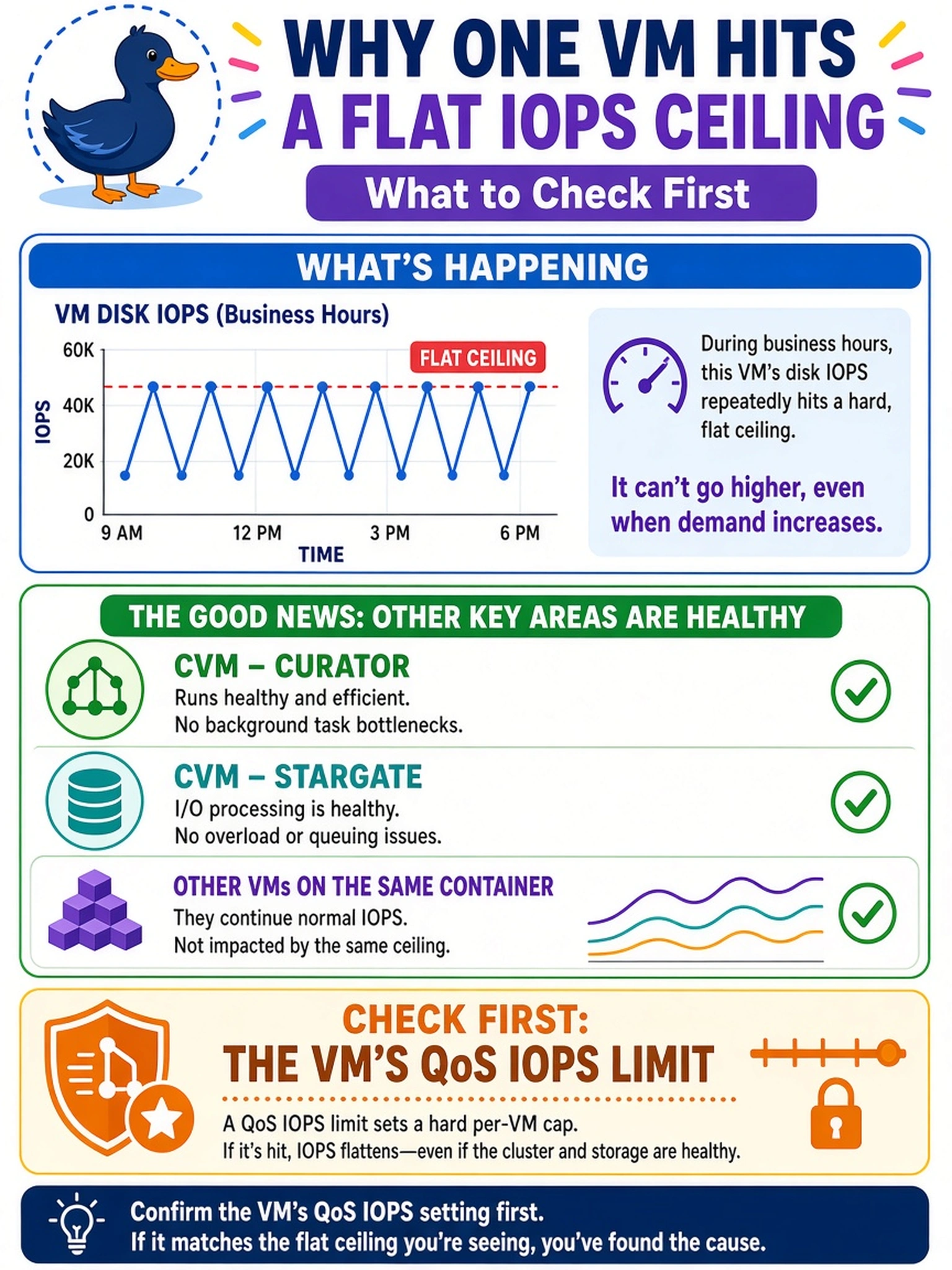 To Create an exciting colorful infographic that explains the concepts in the question: Question: A Prism performance chart shows a single AHV VM's disk IOPS repeatedly hitting a flat ceiling during business hours, while the CVM's Curator and Stargate metrics remain healthy and other VMs on the same container are not affected. What should you check first to confirm the cause of this flat IOPS pattern? Correct Answer: The VM's QoS IOPS limit. Put EVERY visible label in double quotes. No people. No A/B/C/D letters. In one of the four corners put a little "Navy Duck".