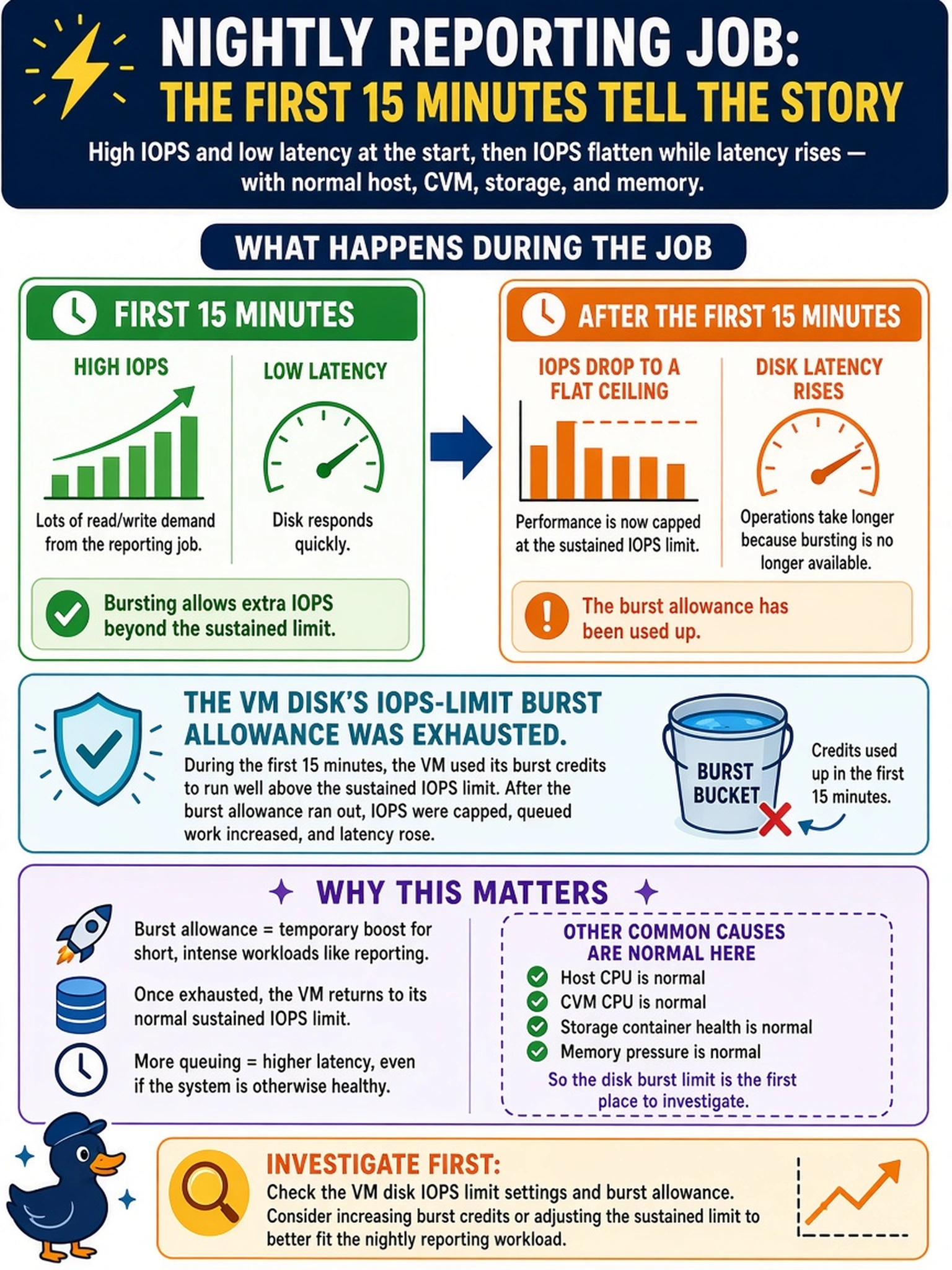 To Create an exciting colorful infographic that explains the concepts in the question: Question: During the first 15 minutes of a nightly reporting job, an AHV VM shows high IOPS and low latency. After that window, IOPS drop to a flat ceiling and disk latency rises, while host CPU, CVM CPU, storage container health, and memory pressure remain normal. Which cause should you investigate first? Correct Answer: The VM disk's IOPS-limit burst allowance was exhausted. Put EVERY visible label in double quotes. No people. No A/B/C/D letters. In one of the four corners put a little "Navy Duck".