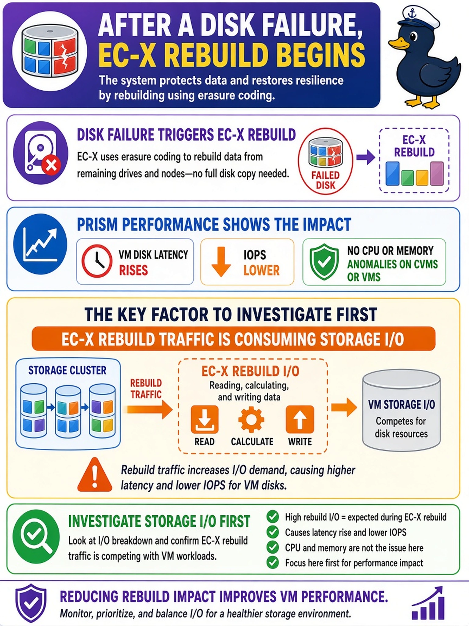 To Create an exciting colorful infographic that explains the concepts in the question: Question: After a disk failure, EC-X rebuild begins. Prism performance shows VM disk latency rise, lower IOPS, and no CPU or memory anomalies on CVMs or VMs. Which performance factor should you investigate first? Correct Answer: EC-X rebuild traffic is consuming storage I/O. Put EVERY visible label in double quotes. No people. No A/B/C/D letters. In one of the four corners put a little "Navy Duck".