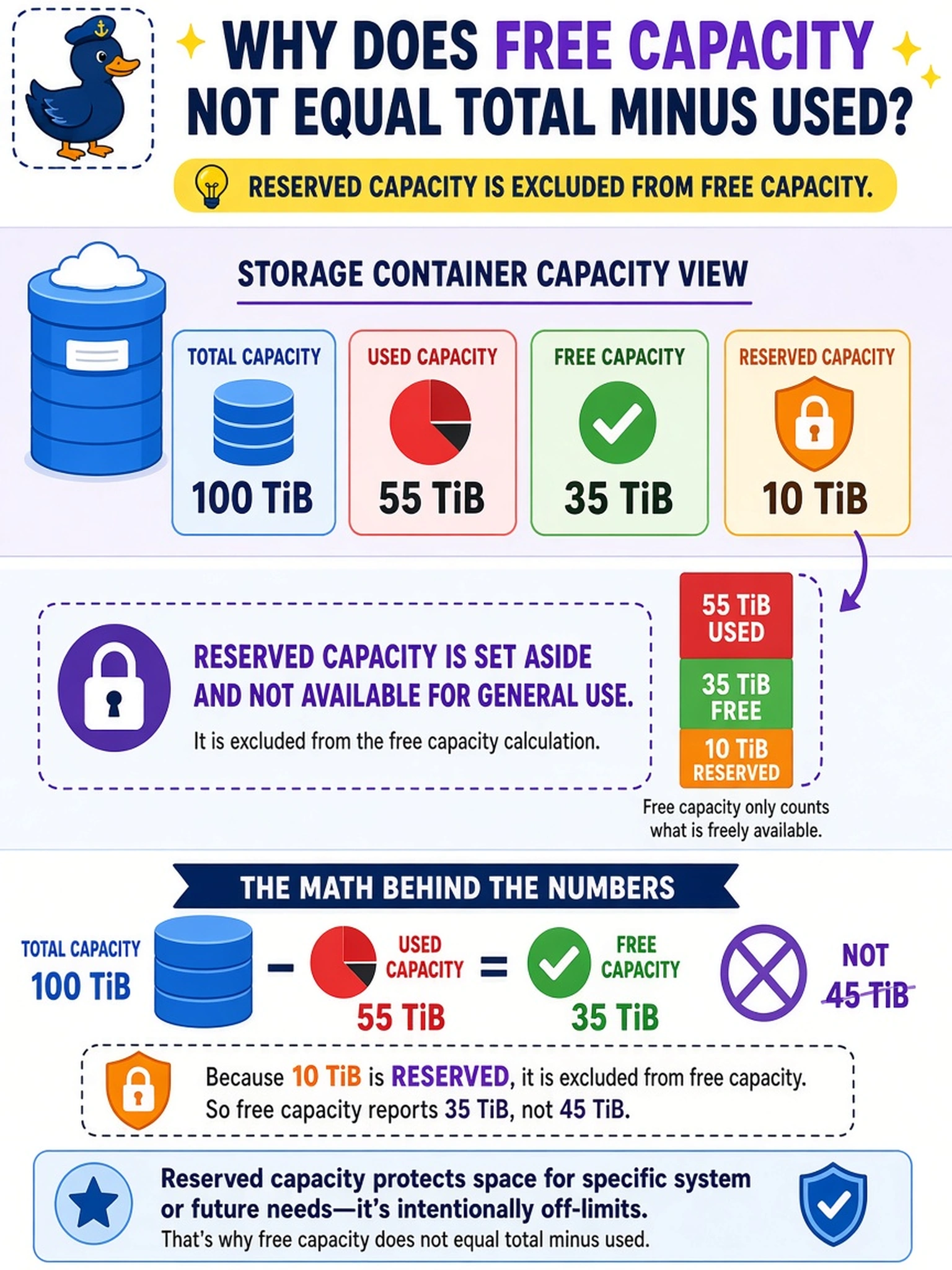 To Create an exciting colorful infographic that explains the concepts in the question: Question: An administrator checks a storage container in Prism Central. Total capacity is 100 TiB, used capacity is 55 TiB, but free capacity reports only 35 TiB. The capacity view also lists 10 TiB as reserved capacity. Why does free capacity not equal total minus used? Correct Answer: Reserved capacity is excluded from free capacity. Put EVERY visible label in double quotes. No people. No A/B/C/D letters. In one of the four corners put a little "Navy Duck".