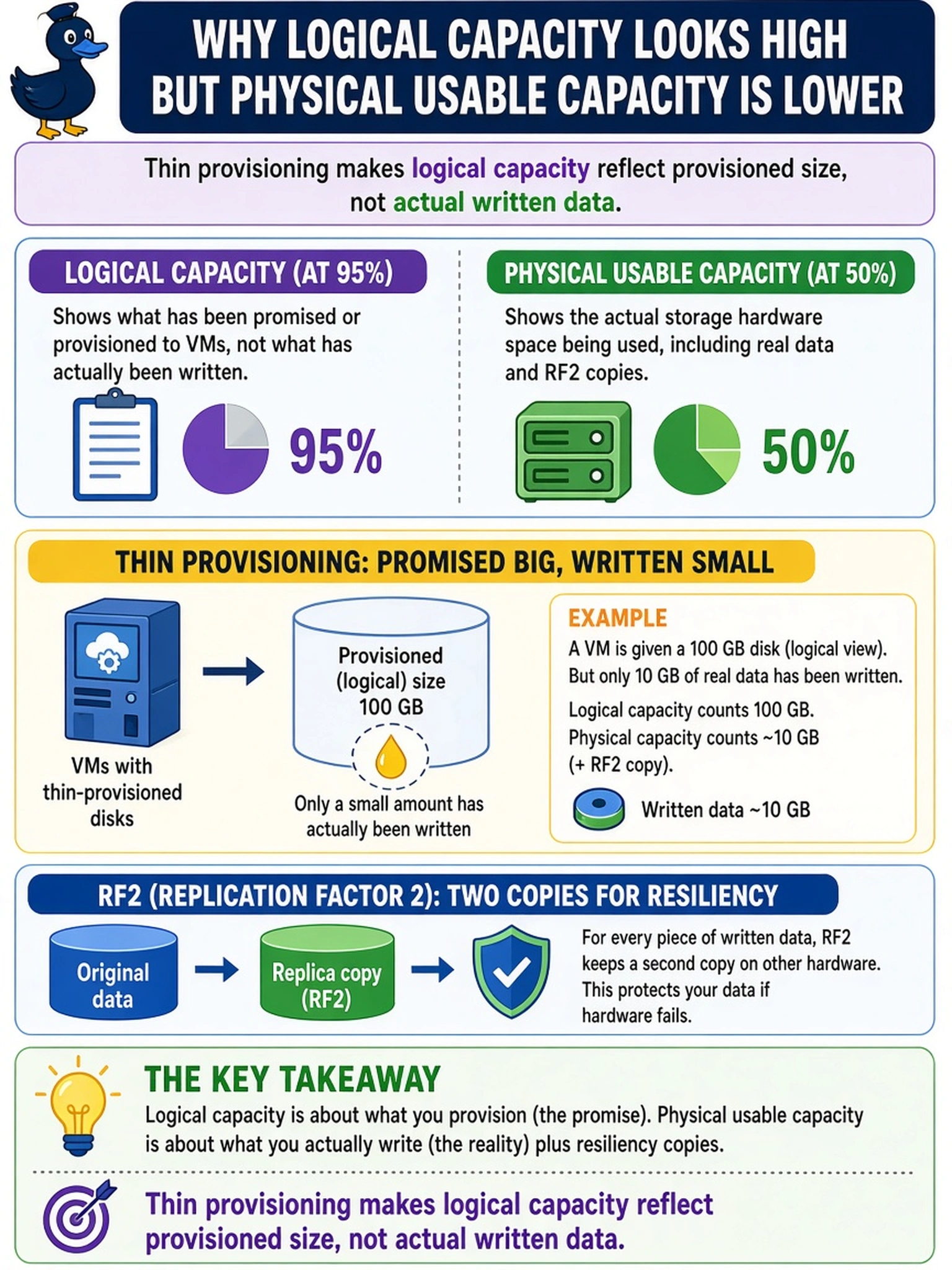 To Create an exciting colorful infographic that explains the concepts in the question: Question: A Prism Central capacity view shows logical capacity consumption at 95% while physical usable capacity consumption is only 50%. The VMs use thin-provisioned disks and RF2. Which statement explains the difference? Correct Answer: Thin provisioning makes logical capacity reflect provisioned size, not actual written data. Put EVERY visible label in double quotes. No people. No A/B/C/D letters. In one of the four corners put a little "Navy Duck".